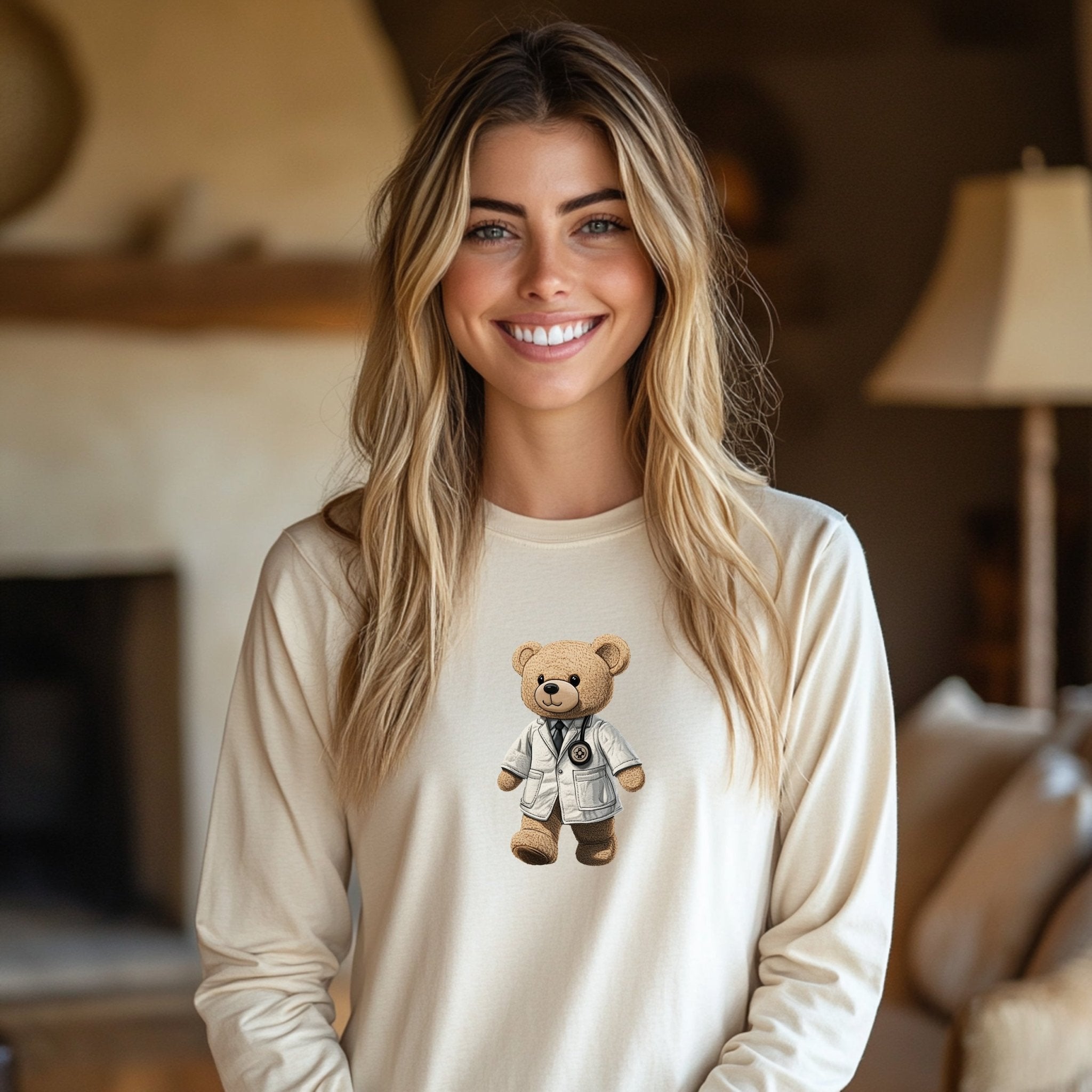 Cute Doctor Bear Long Sleeve T-Shirt, Adorable Animal Cartoon Shirt, Fun Gifts for Medical Professionals, Casual Cute Animal Tee - Craig Michael Design