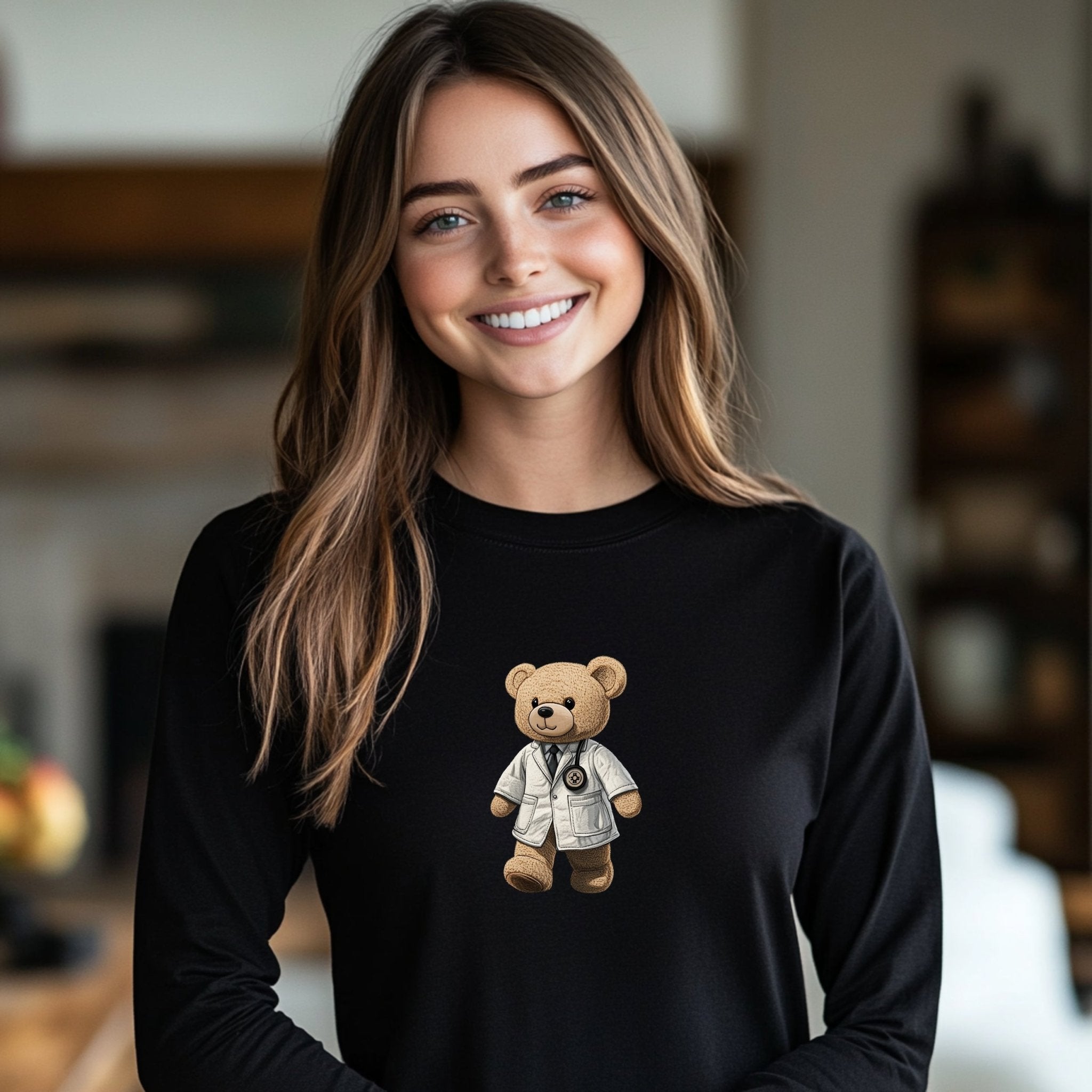 Cute Doctor Bear Long Sleeve T-Shirt, Adorable Animal Cartoon Shirt, Fun Gifts for Medical Professionals, Casual Cute Animal Tee - Craig Michael Design