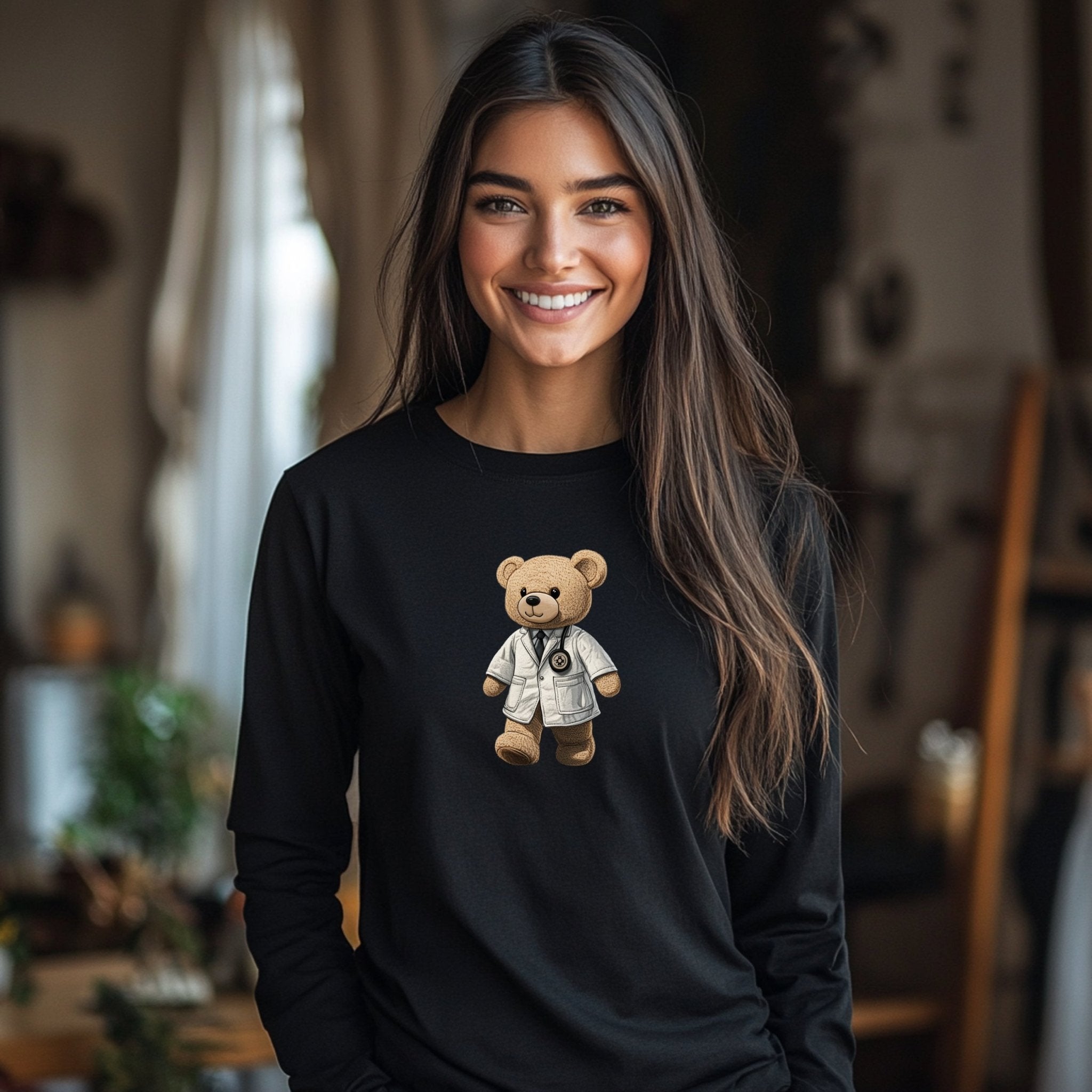 Cute Doctor Bear Long Sleeve T-Shirt, Adorable Animal Cartoon Shirt, Fun Gifts for Medical Professionals, Casual Cute Animal Tee - Craig Michael Design