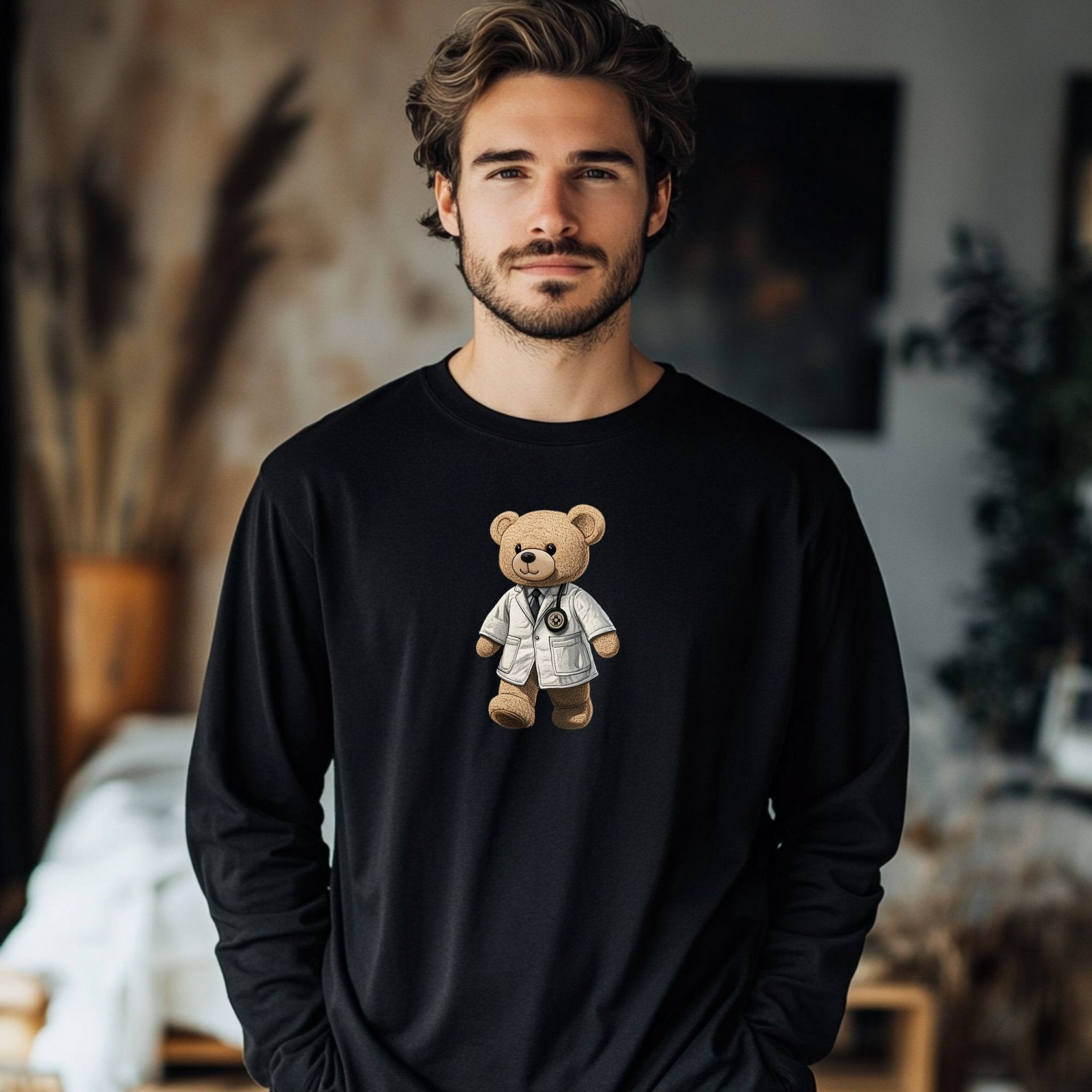 Cute Doctor Bear Long Sleeve T-Shirt, Adorable Animal Cartoon Shirt, Fun Gifts for Medical Professionals, Casual Cute Animal Tee - Craig Michael Design