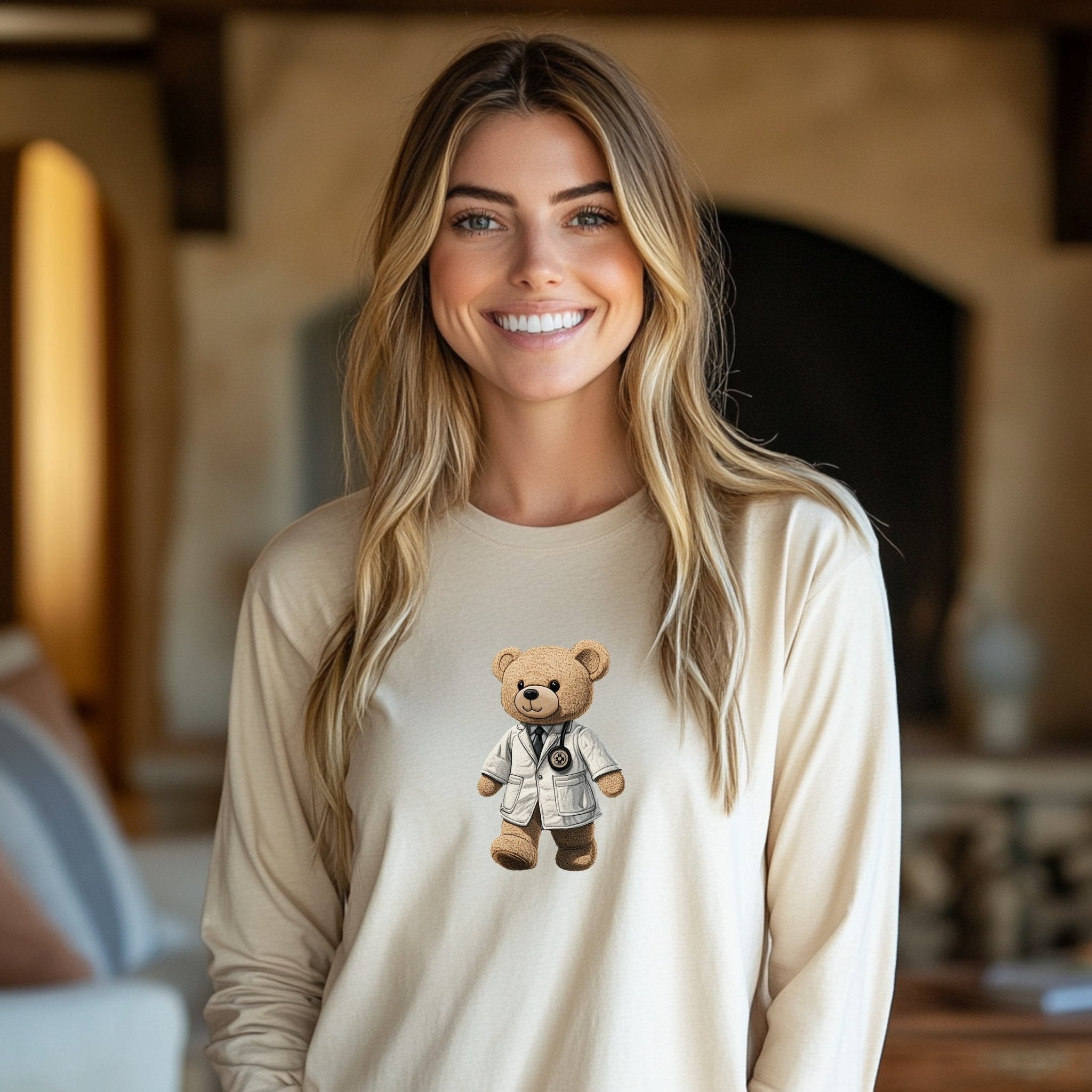 Cute Doctor Bear Long Sleeve T-Shirt, Adorable Animal Cartoon Shirt, Fun Gifts for Medical Professionals, Casual Cute Animal Tee - Craig Michael Design