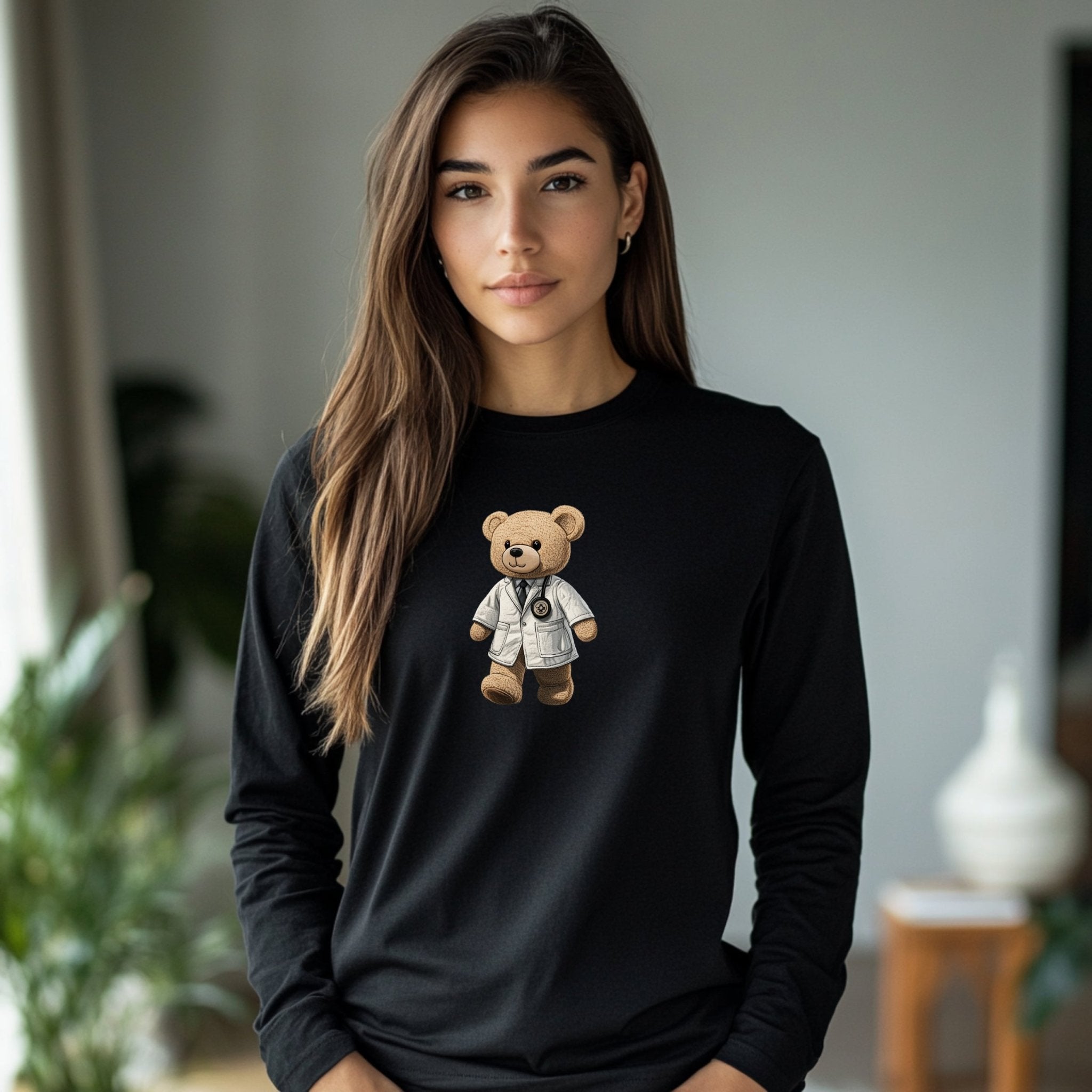 Cute Doctor Bear Long Sleeve T-Shirt, Adorable Animal Cartoon Shirt, Fun Gifts for Medical Professionals, Casual Cute Animal Tee - Craig Michael Design