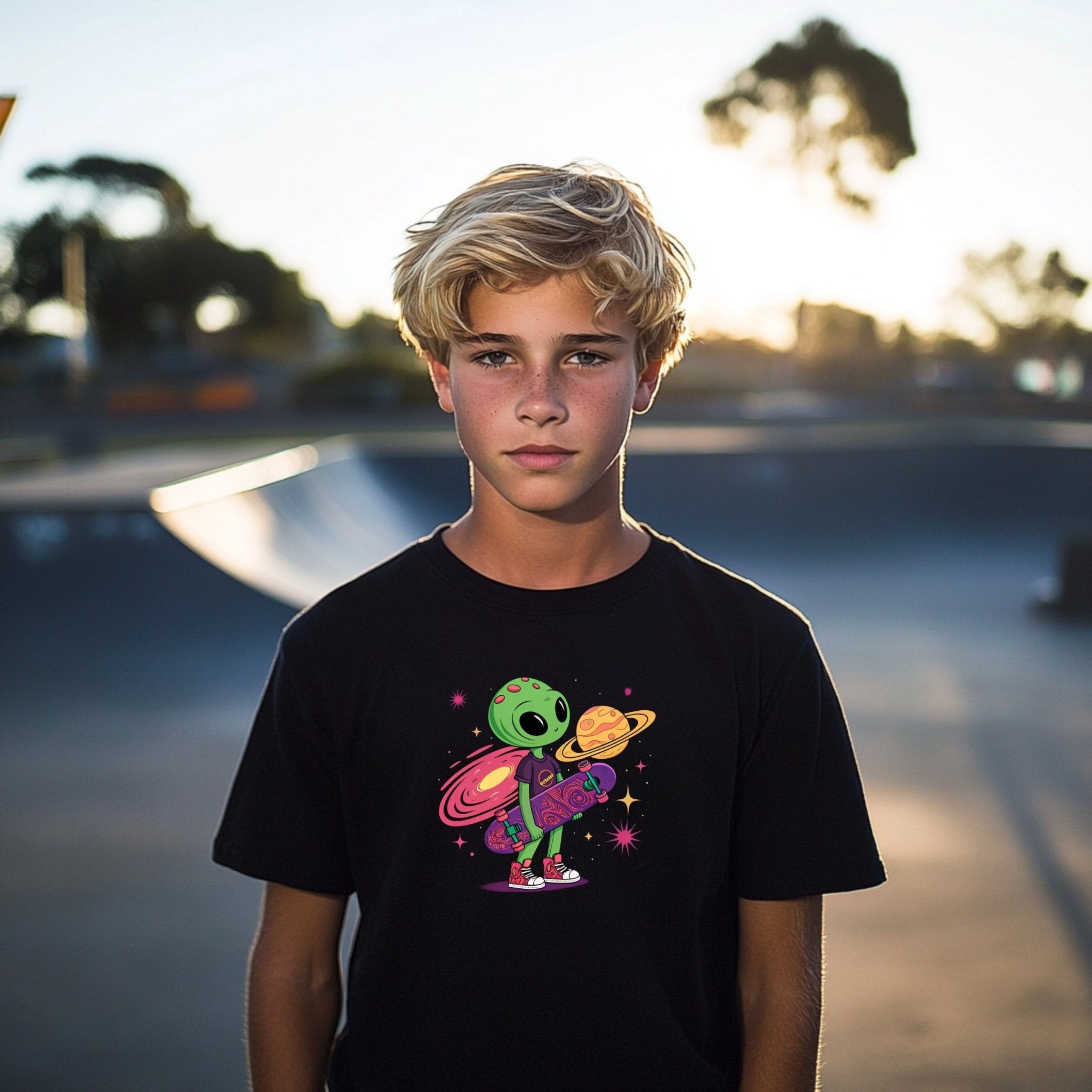 Cute Green Alien Kid with Skateboard Tshirt for Youth, Colorful Space Design Boys Girls Tee, Cool Skater Alien Shirt for Kids - Craig Michael Design