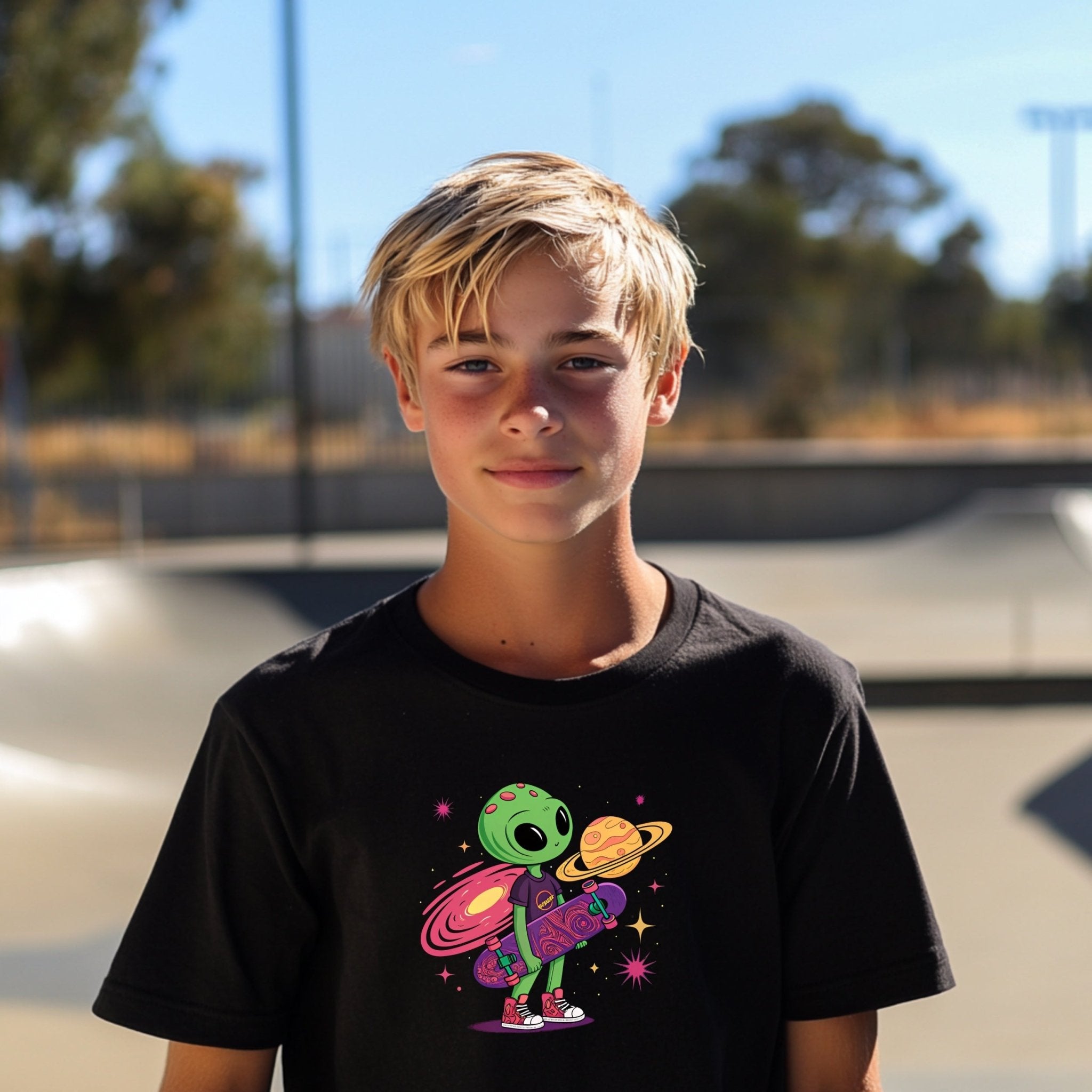 Cute Green Alien Kid with Skateboard Tshirt for Youth, Colorful Space Design Boys Girls Tee, Cool Skater Alien Shirt for Kids - Craig Michael Design