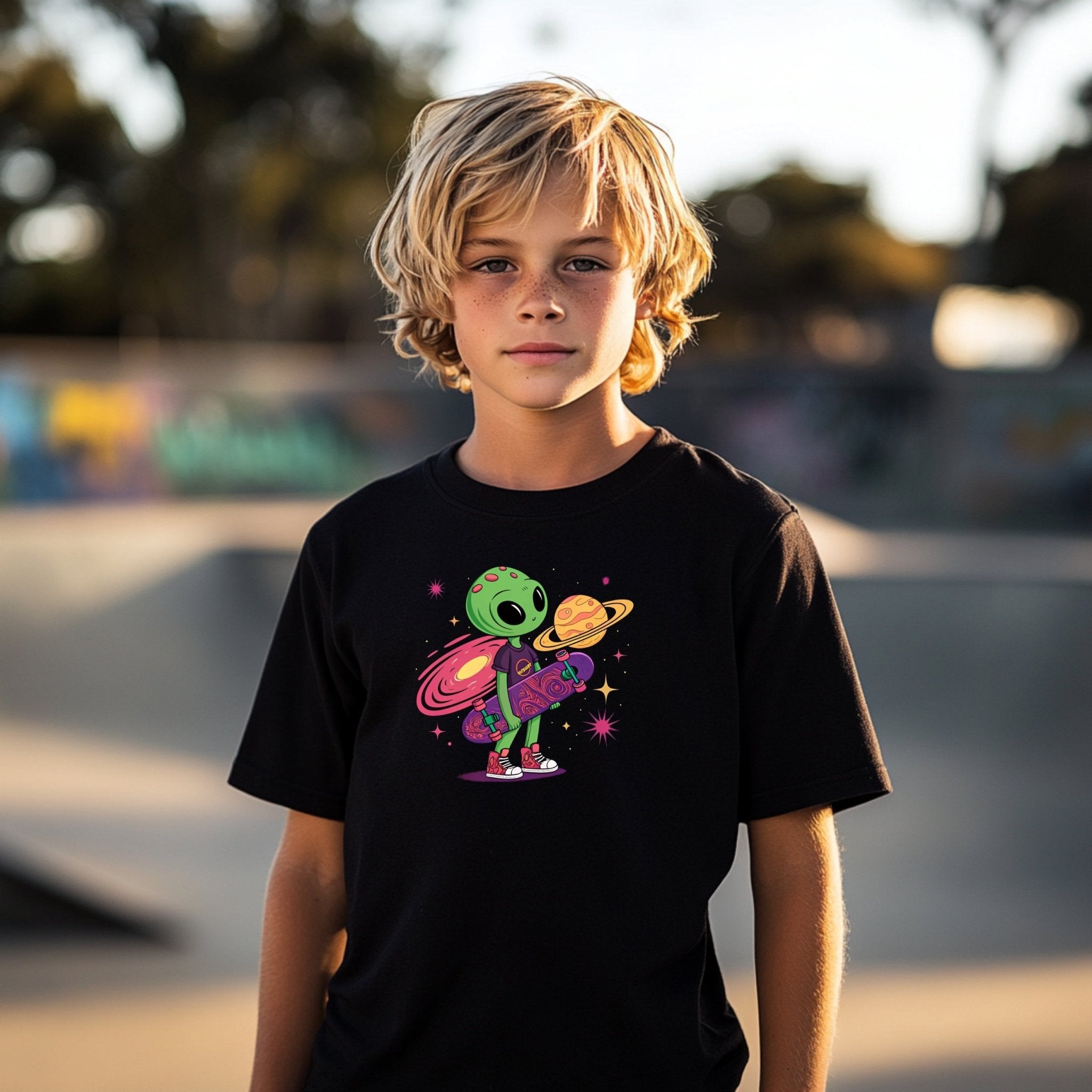 Cute Green Alien Kid with Skateboard Tshirt for Youth, Colorful Space Design Boys Girls Tee, Cool Skater Alien Shirt for Kids - Craig Michael Design