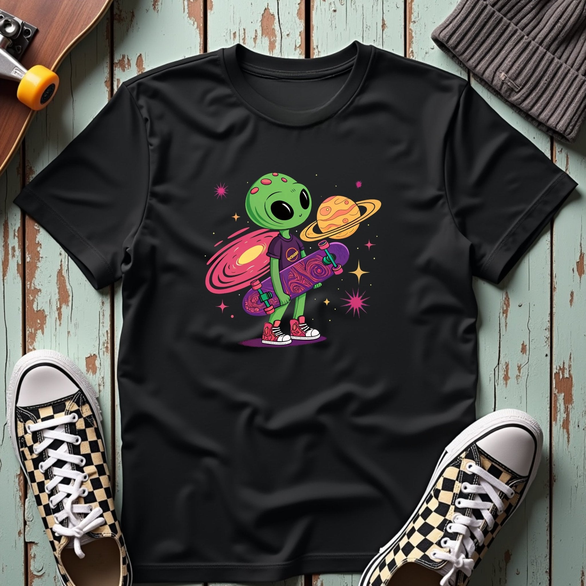 Cute Green Alien Kid with Skateboard Tshirt for Youth, Colorful Space Design Boys Girls Tee, Cool Skater Alien Shirt for Kids - Craig Michael Design