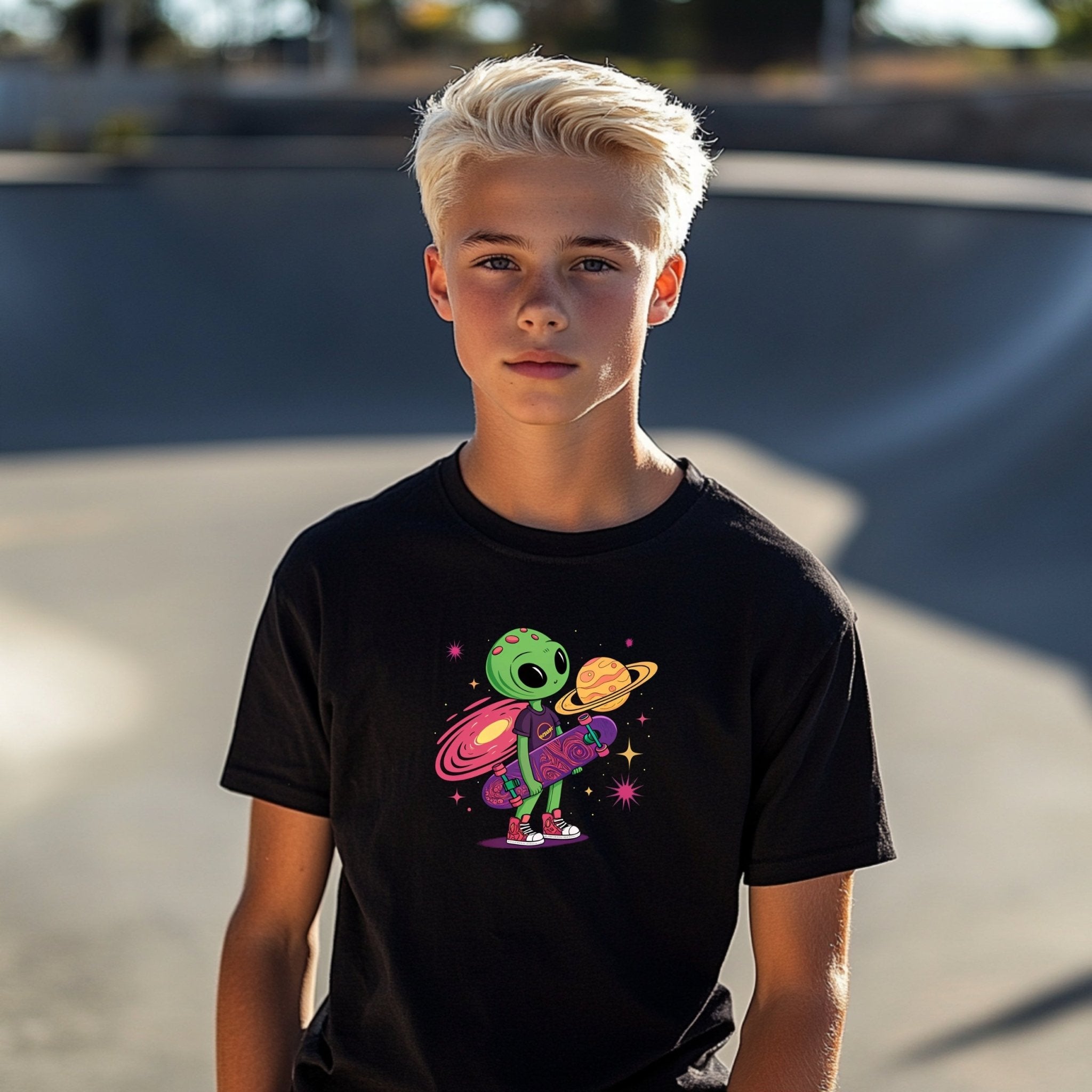 Cute Green Alien Kid with Skateboard Tshirt for Youth, Colorful Space Design Boys Girls Tee, Cool Skater Alien Shirt for Kids - Craig Michael Design