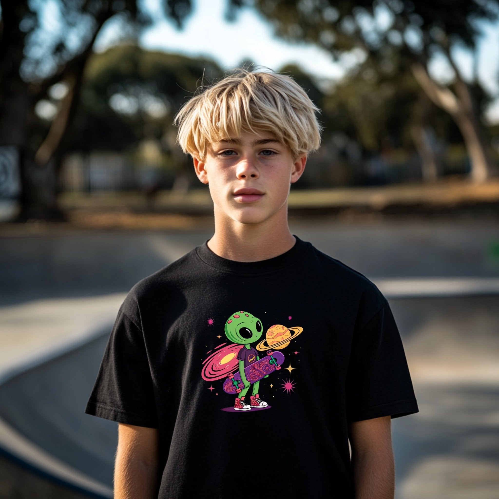 Cute Green Alien Kid with Skateboard Tshirt for Youth, Colorful Space Design Boys Girls Tee, Cool Skater Alien Shirt for Kids - Craig Michael Design