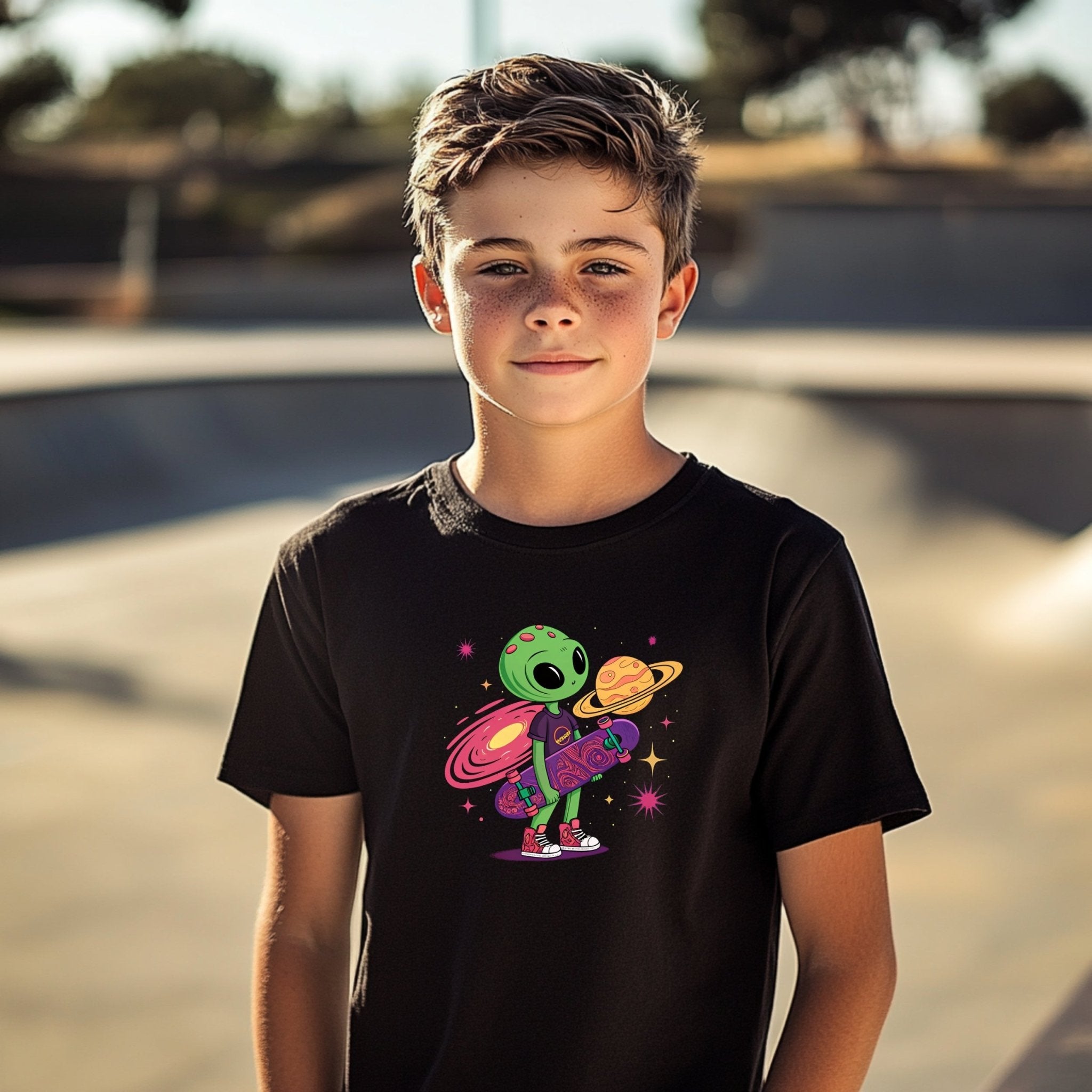 Cute Green Alien Kid with Skateboard Tshirt for Youth, Colorful Space Design Boys Girls Tee, Cool Skater Alien Shirt for Kids - Craig Michael Design