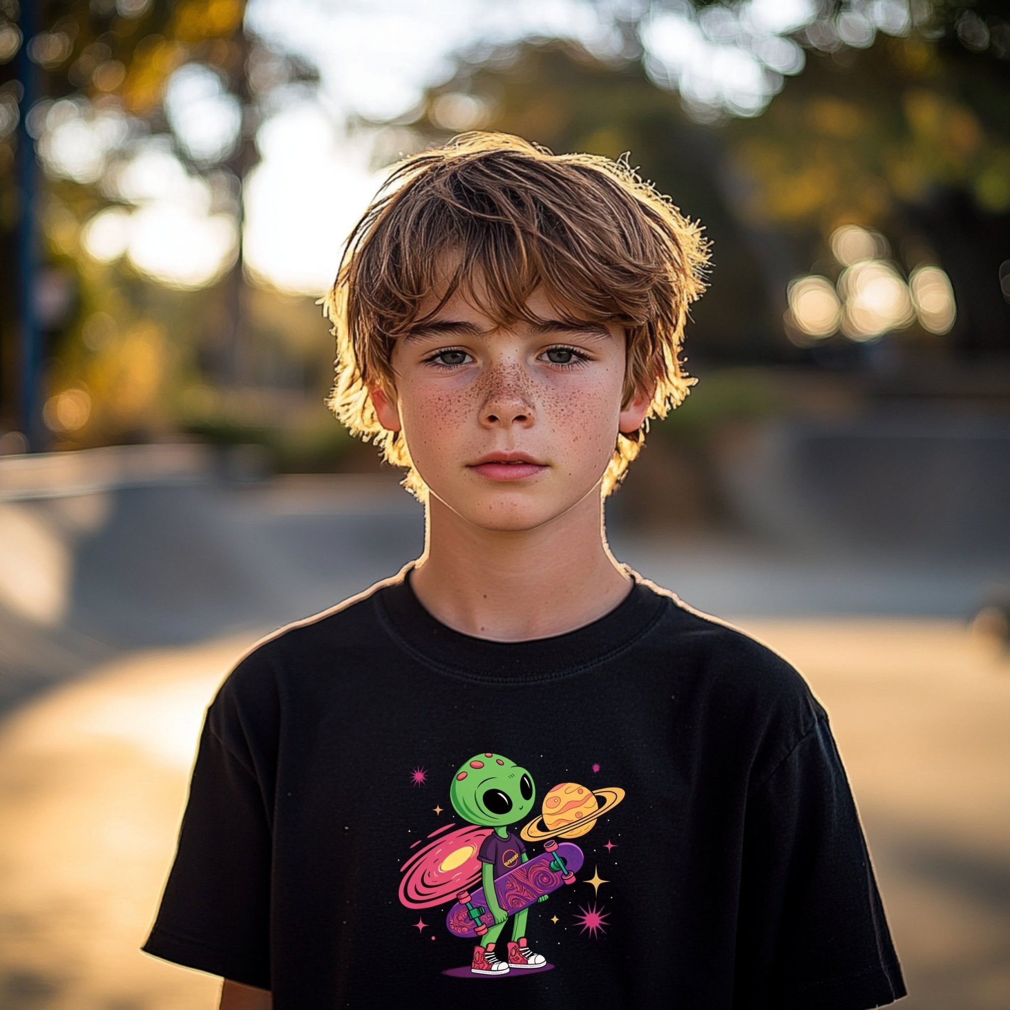 Cute Green Alien Kid with Skateboard Tshirt for Youth, Colorful Space Design Boys Girls Tee, Cool Skater Alien Shirt for Kids - Craig Michael Design