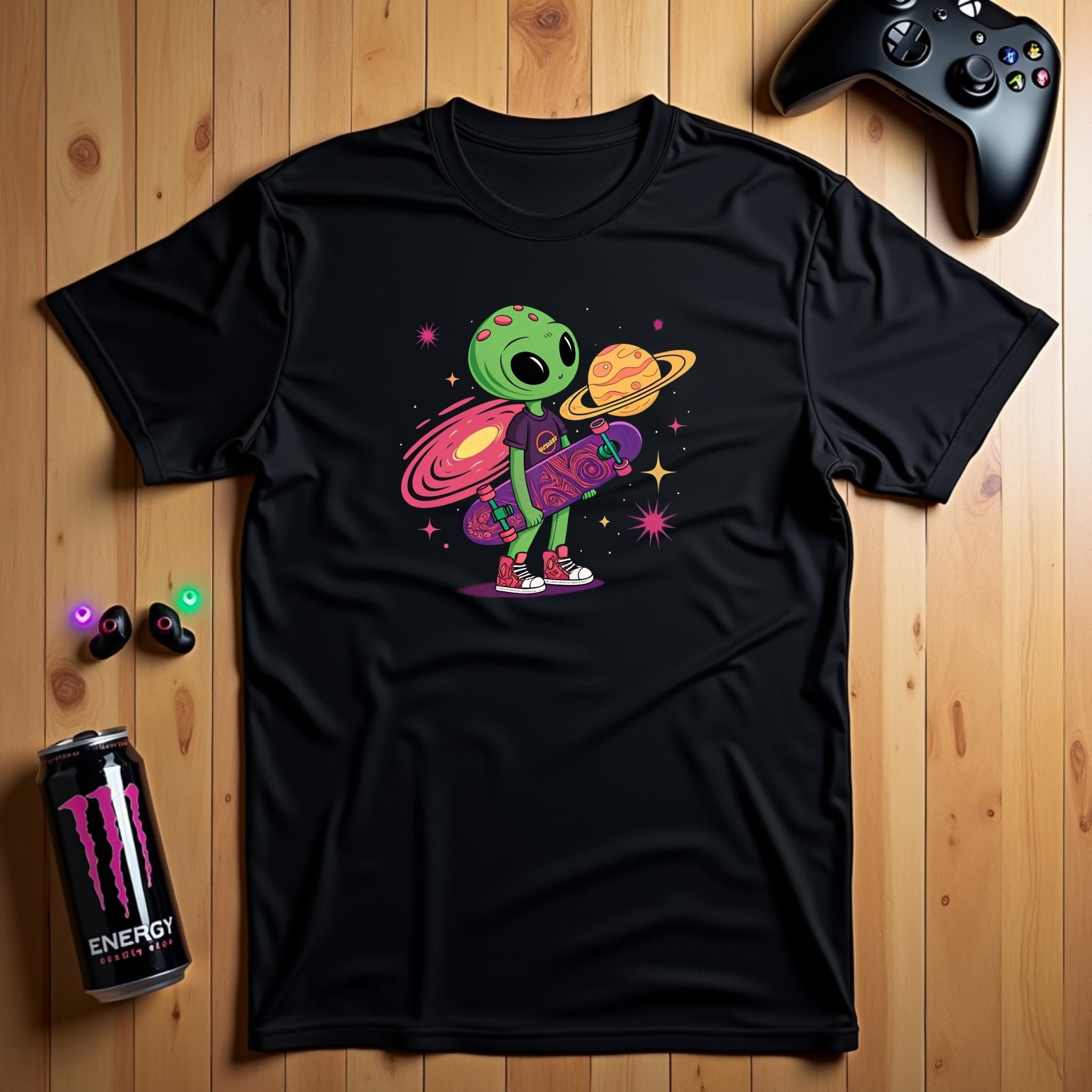Cute Green Alien Kid with Skateboard Tshirt for Youth, Colorful Space Design Boys Girls Tee, Cool Skater Alien Shirt for Kids - Craig Michael Design