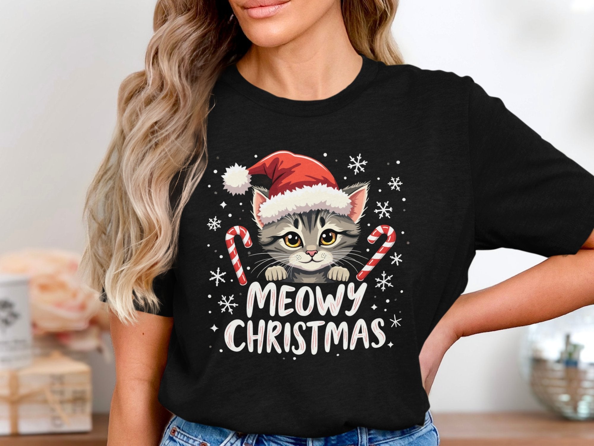 Cute Meowy Christmas Cat T-Shirt with Santa Hat and Candy Canes Festive Holiday Tee for Cat Lovers Funny Cat Christmas Gift - Craig Michael Design