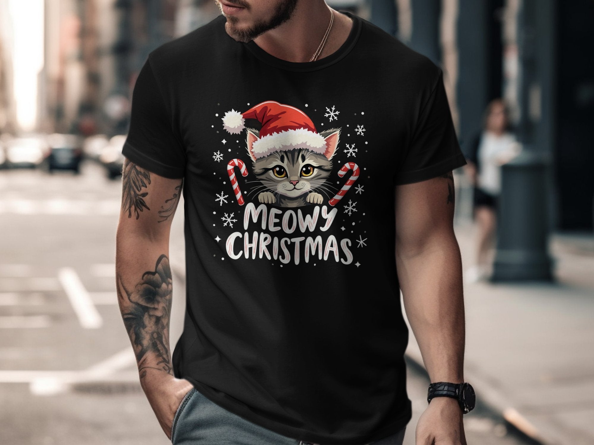 Cute Meowy Christmas Cat T-Shirt with Santa Hat and Candy Canes Festive Holiday Tee for Cat Lovers Funny Cat Christmas Gift - Craig Michael Design