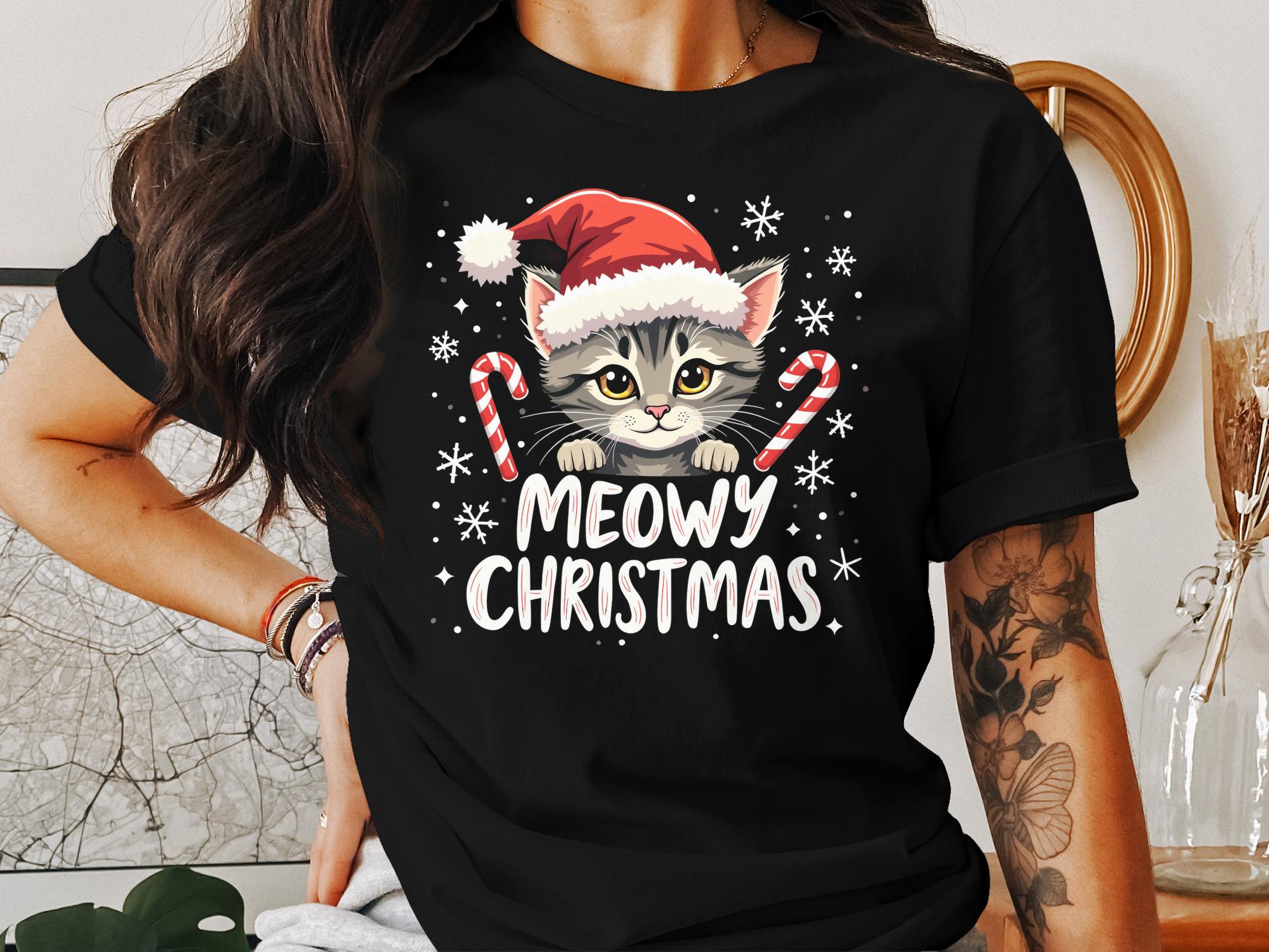 Cute Meowy Christmas Cat T-Shirt with Santa Hat and Candy Canes Festive Holiday Tee for Cat Lovers Funny Cat Christmas Gift - Craig Michael Design