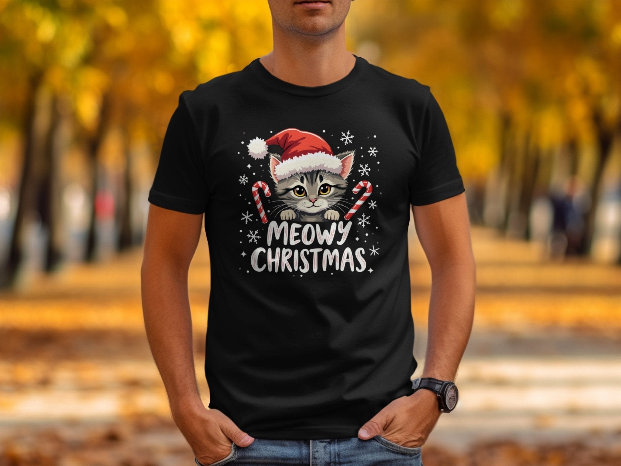 Cute Meowy Christmas Cat T-Shirt with Santa Hat and Candy Canes Festive Holiday Tee for Cat Lovers Funny Cat Christmas Gift - Craig Michael Design