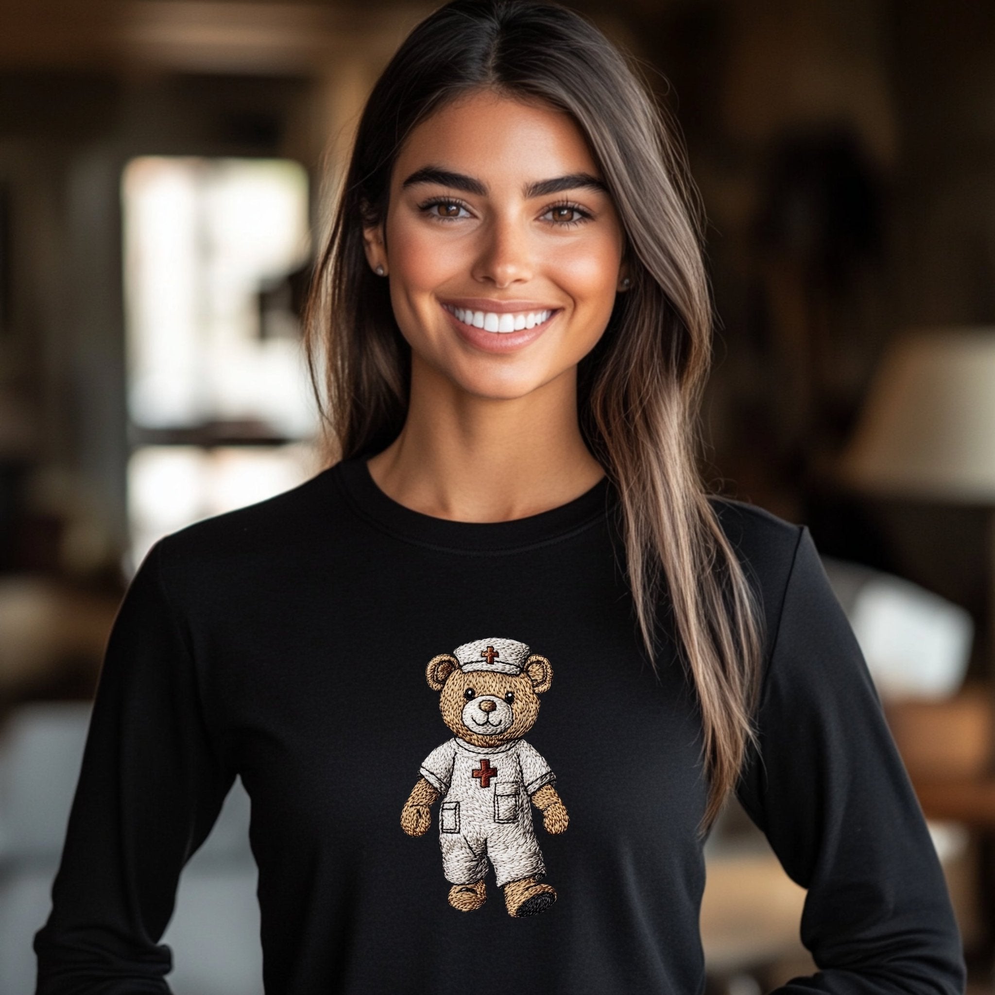 Cute Nurse Bear Long Sleeve T-Shirt, Adorable Embroidered Teddy Bear Nurse Design, Unique Nurse Appreciation Tee, Soft Comfortable Fit - Craig Michael Design