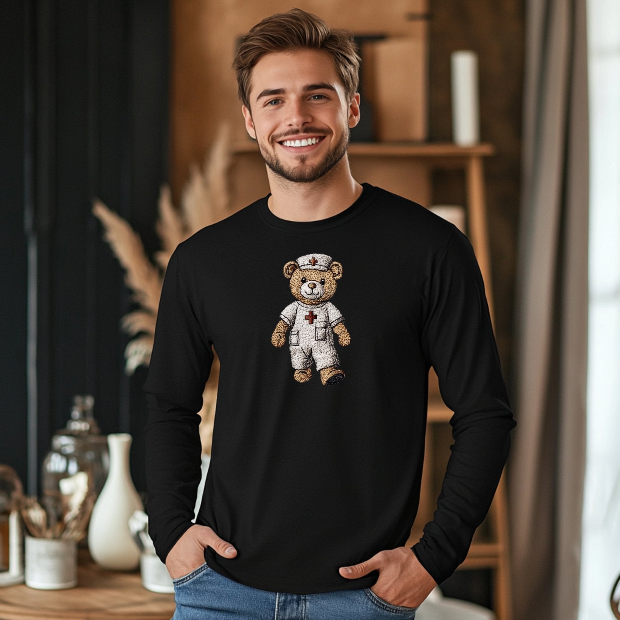 Cute Nurse Bear Long Sleeve T-Shirt, Adorable Embroidered Teddy Bear Nurse Design, Unique Nurse Appreciation Tee, Soft Comfortable Fit - Craig Michael Design