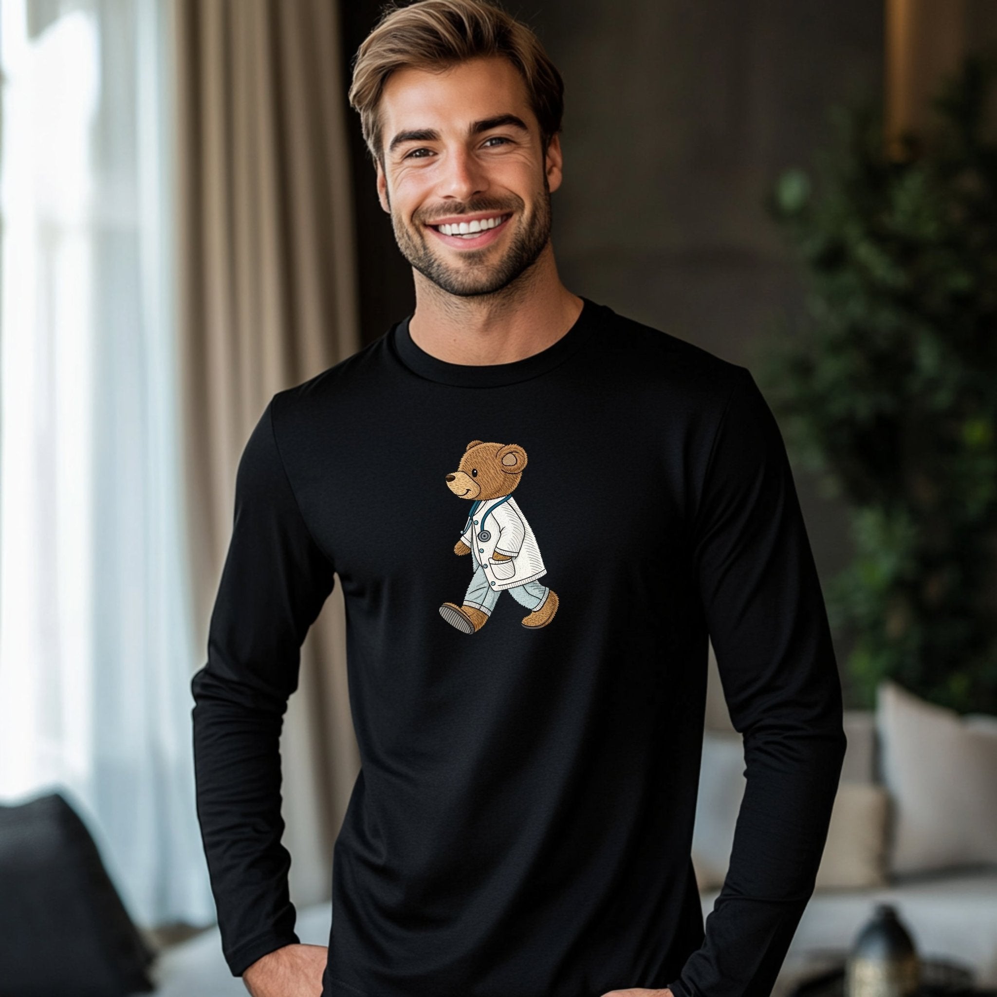 Cute Teddy Bear Doctor Design Long Sleeve T-Shirt, Adorable Medical Bear Graphic Top, Fun Animal Print Shirt, Unique Gift for Kids and - Craig Michael Design