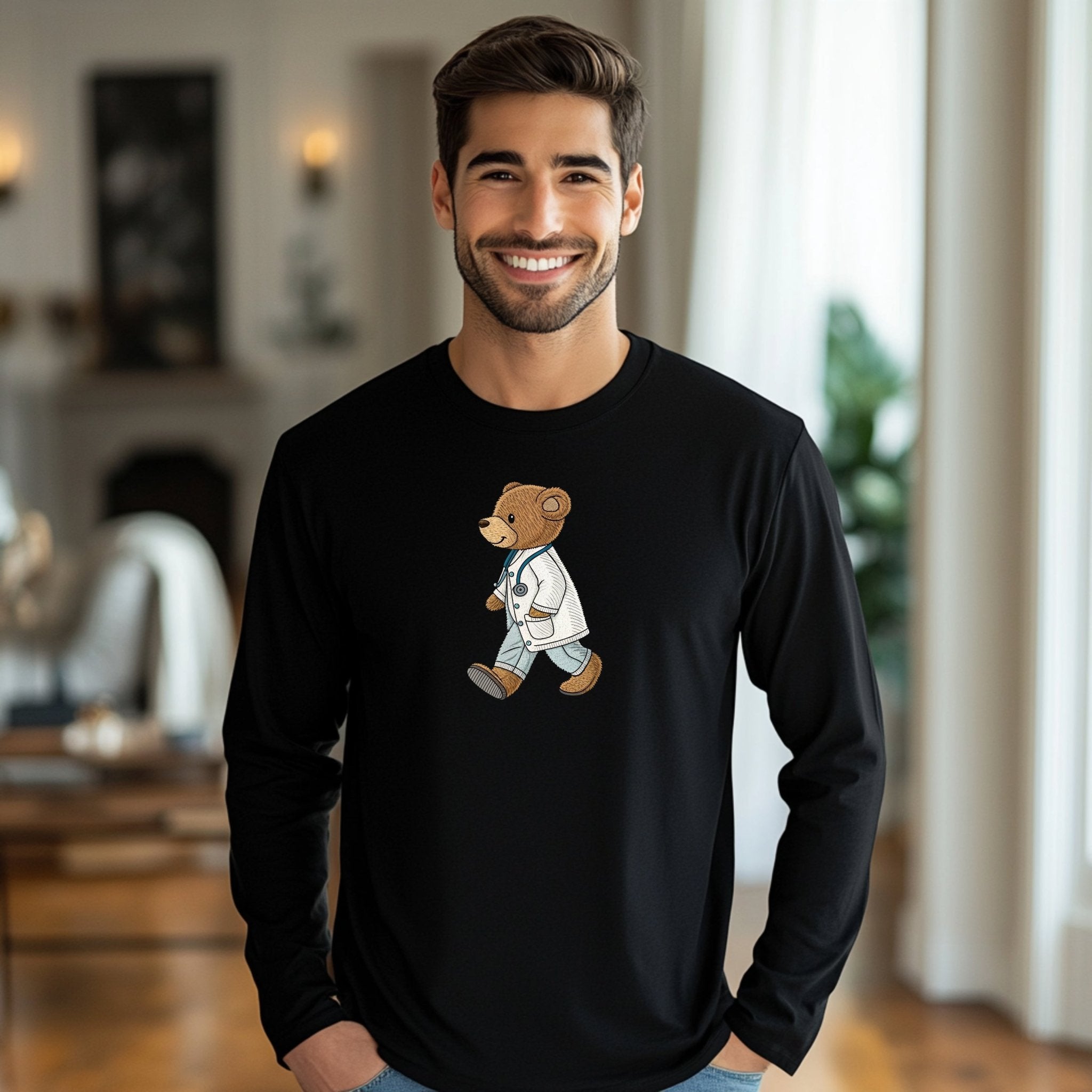 Cute Teddy Bear Doctor Design Long Sleeve T-Shirt, Adorable Medical Bear Graphic Top, Fun Animal Print Shirt, Unique Gift for Kids and - Craig Michael Design