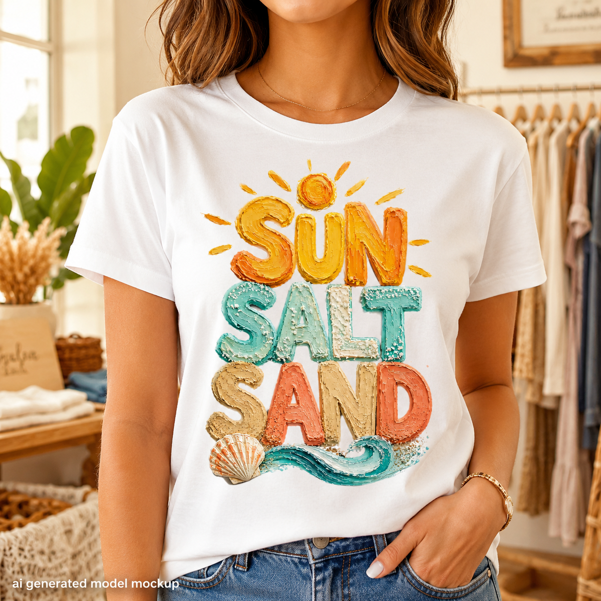 White t-shirt with "SUN SALT SAND" text, sun, wave, and seashell graphic.