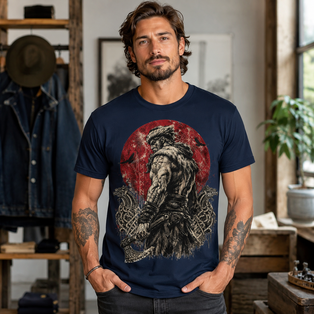 Man in navy t-shirt with a Viking warrior graphic and red moon.