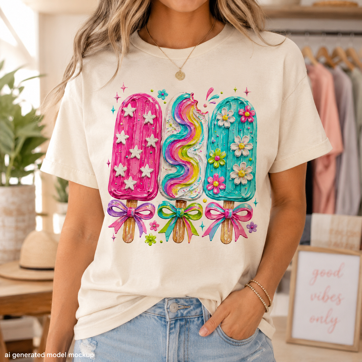 Cream t-shirt with three colorful popsicles and bows graphic.