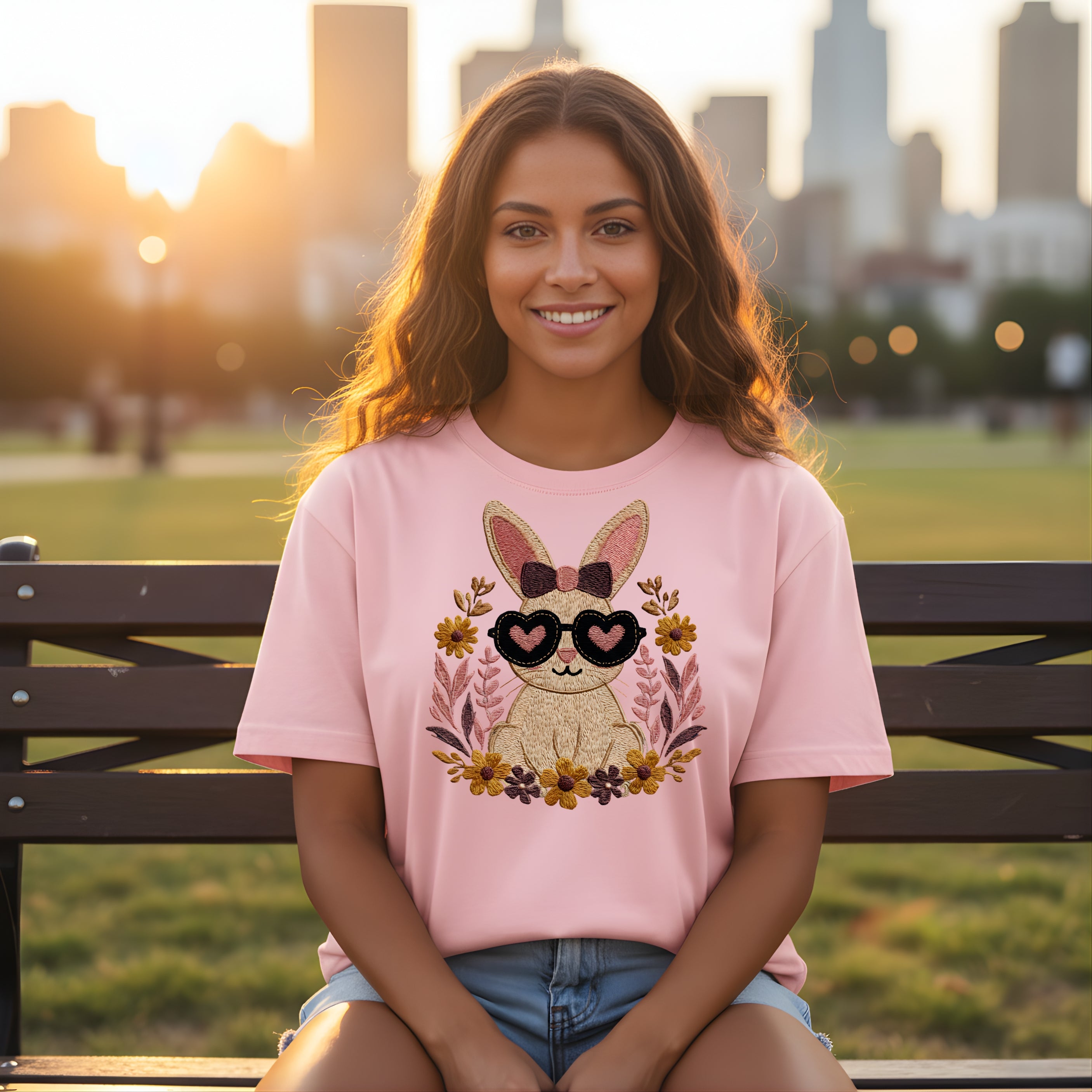 Cute Bunny with Sunglasses Pink Graphic T-shirt