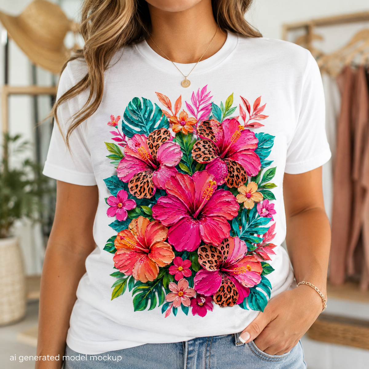 White t-shirt with a vibrant hibiscus and leopard print floral design.