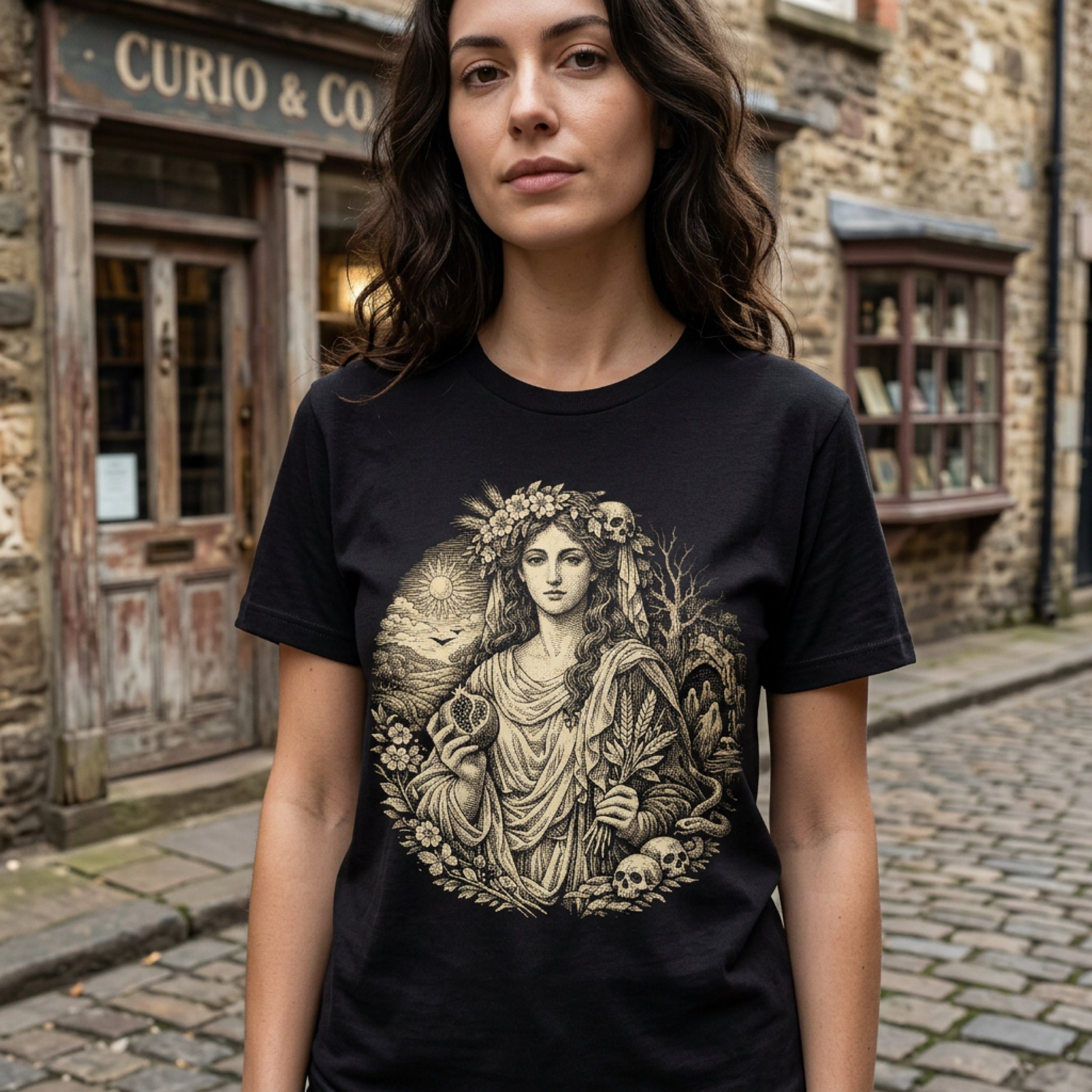 Woman wearing black t-shirt with vintage mythological woman illustration.