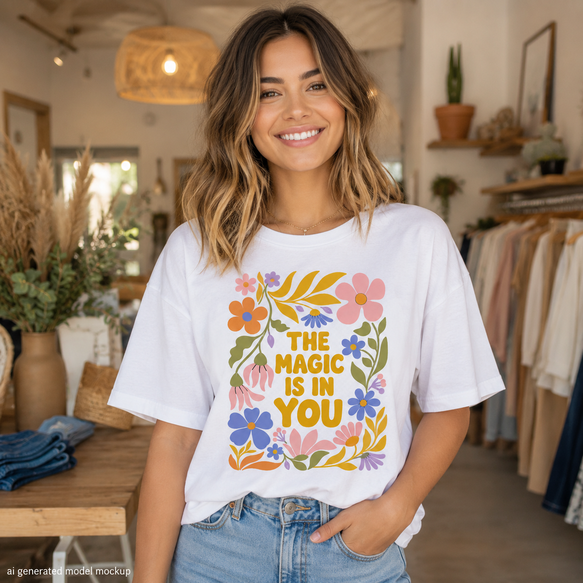 White t-shirt with floral design and text "THE MAGIC IS IN YOU."