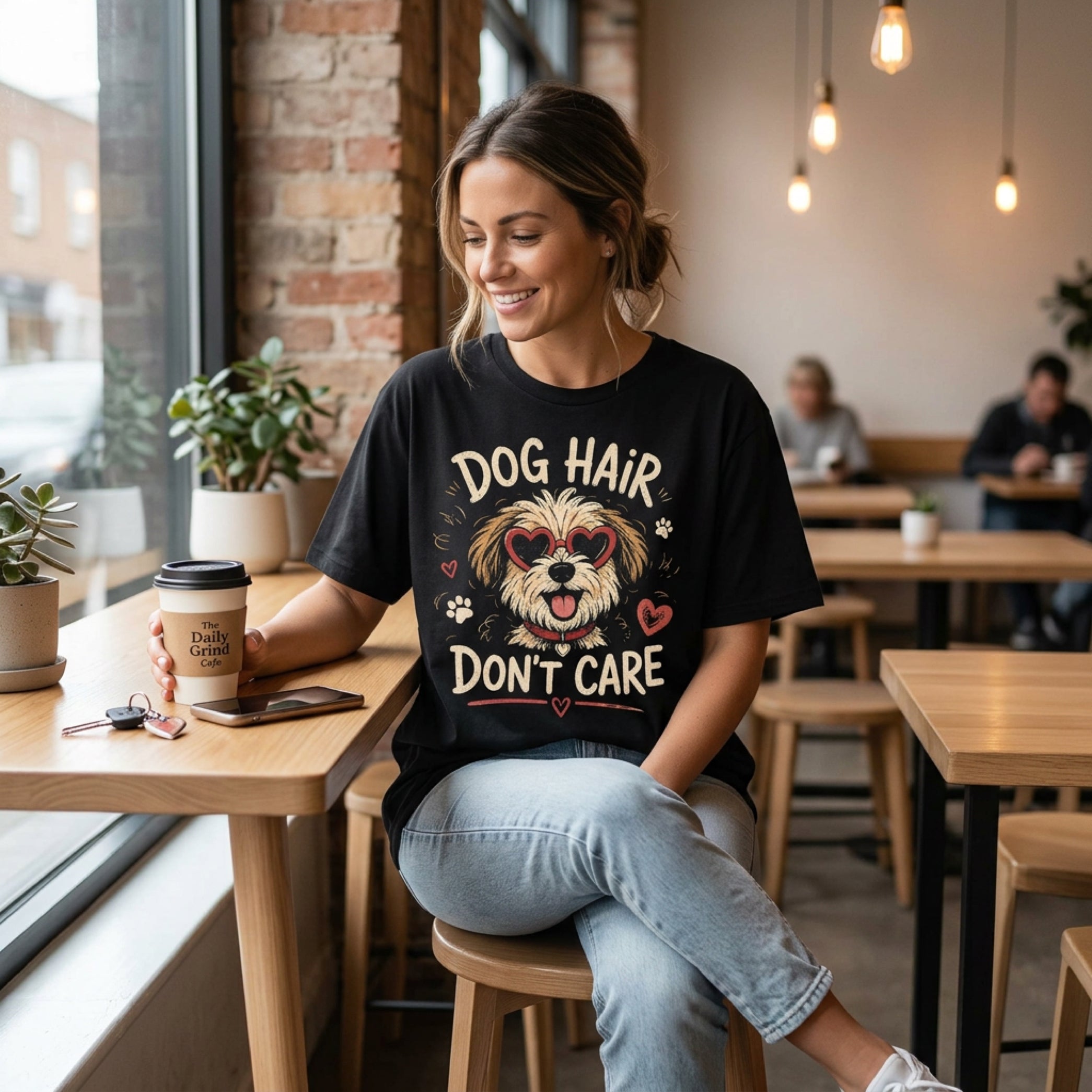 Woman wearing black t-shirt with "Dog Hair Don't Care" graphic.