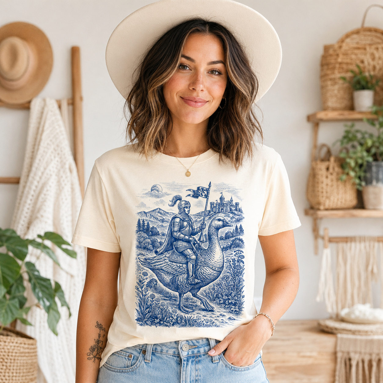 Cream t-shirt with blue medieval knight riding a griffin illustration.