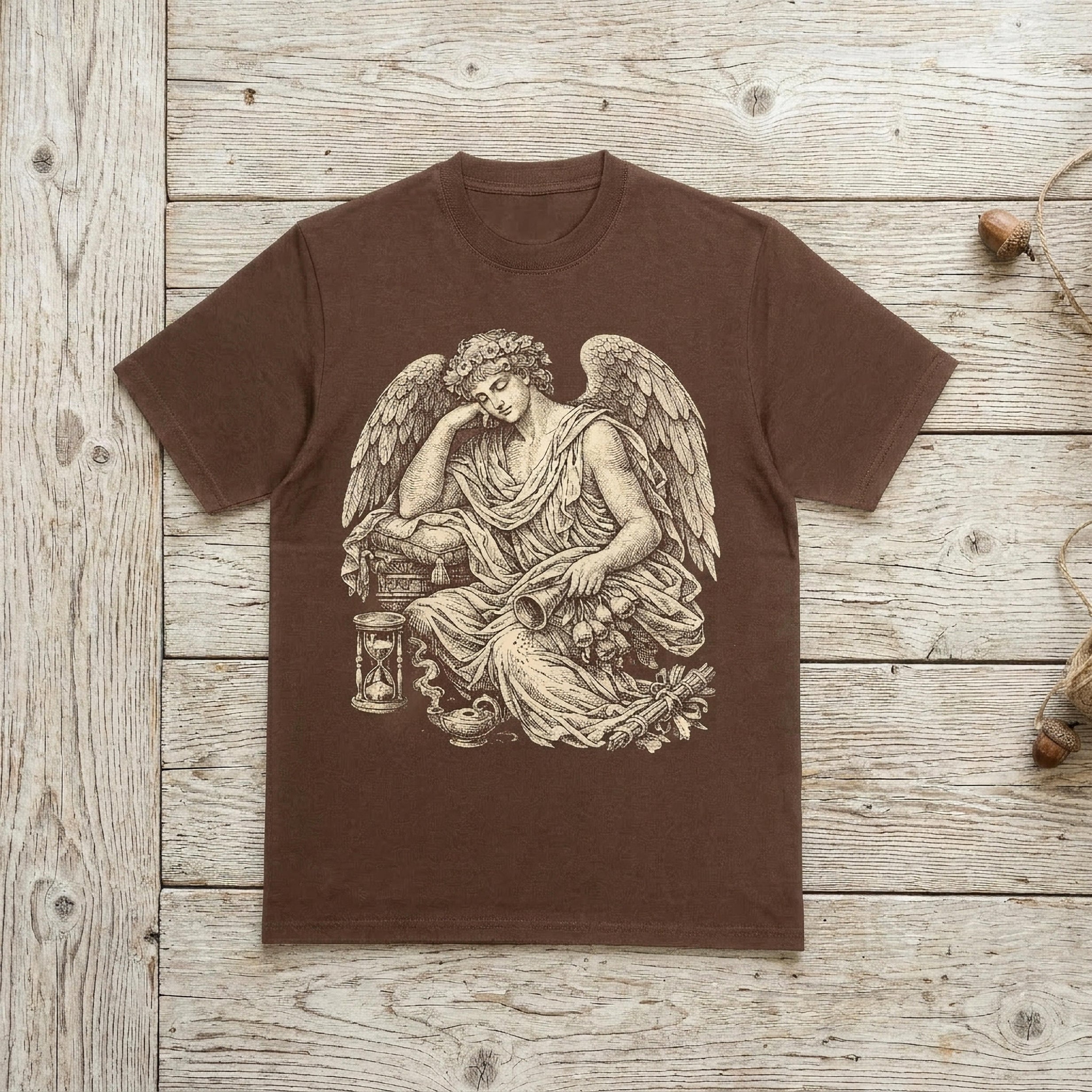 Brown t-shirt with angel and hourglass illustration.