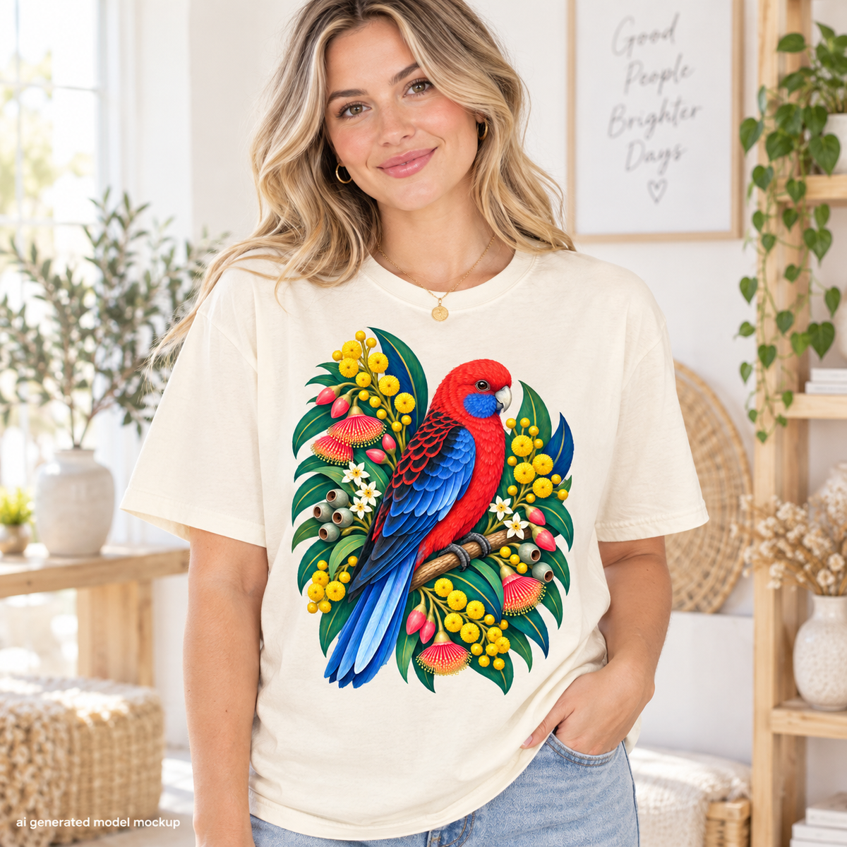 Cream t-shirt with a colorful parrot and Australian native flowers print.