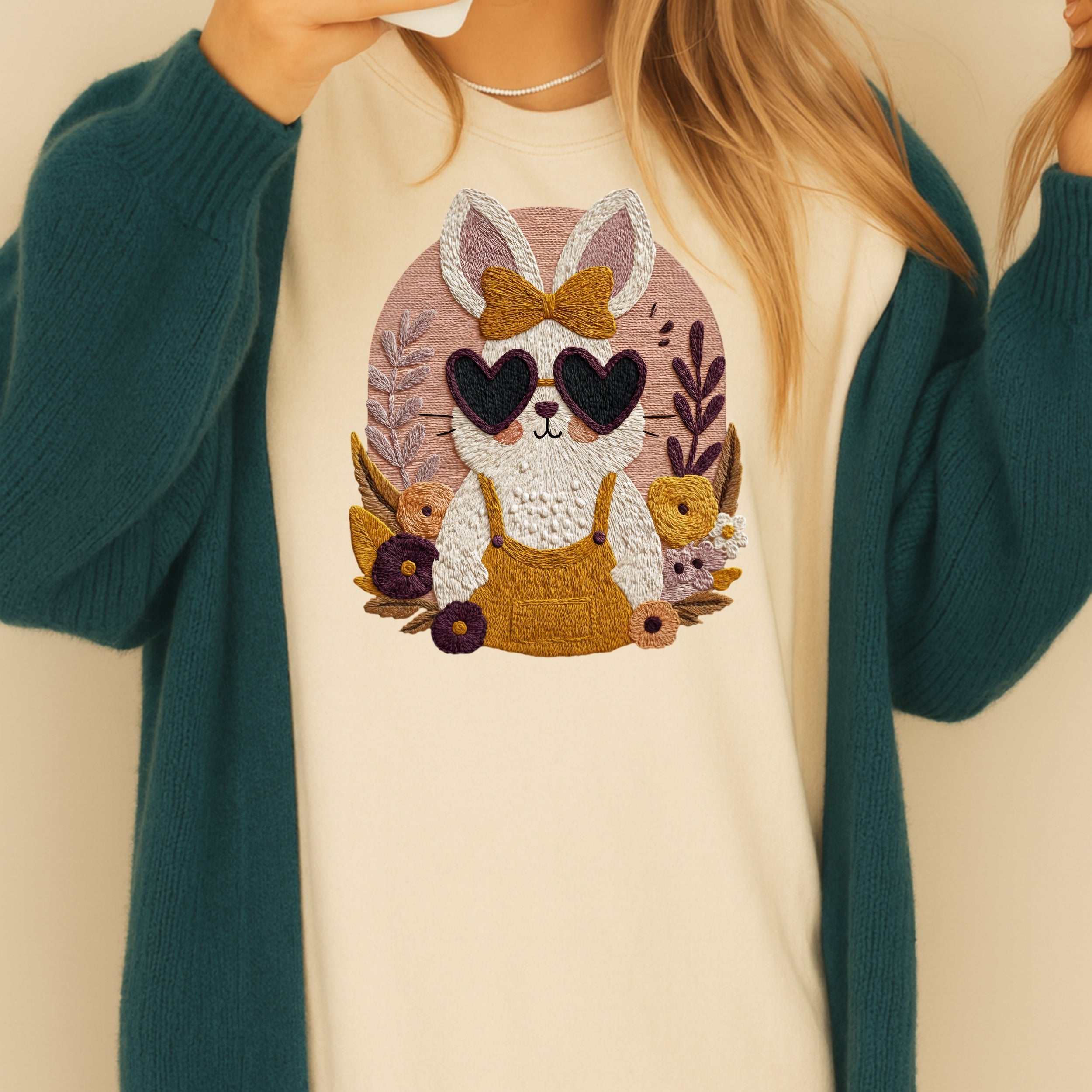 Cute Bunny in Sunglasses Embroidered Art T-Shirt