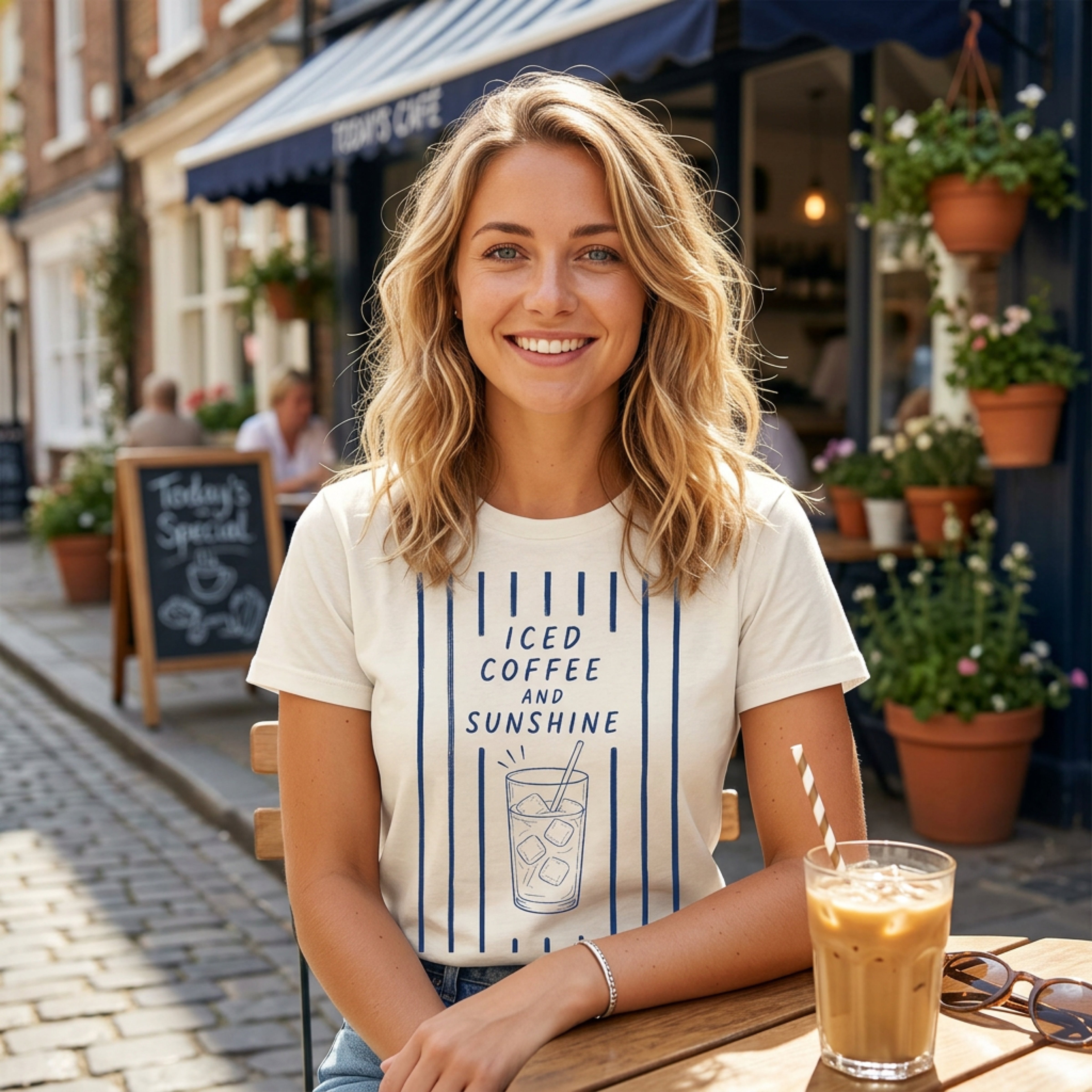 Woman in striped t-shirt with "Iced Coffee and Sunshine" text.