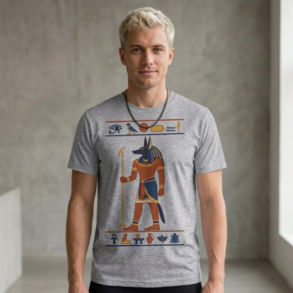 Man wearing gray t-shirt with Anubis and hieroglyphs.