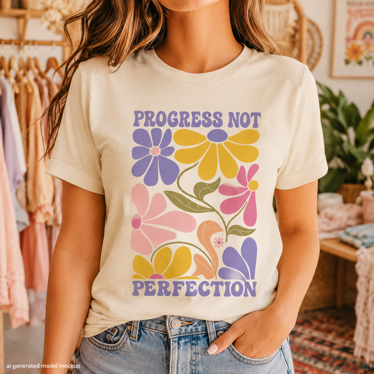 Cream t-shirt with "Progress Not Perfection" text and colorful retro floral design.