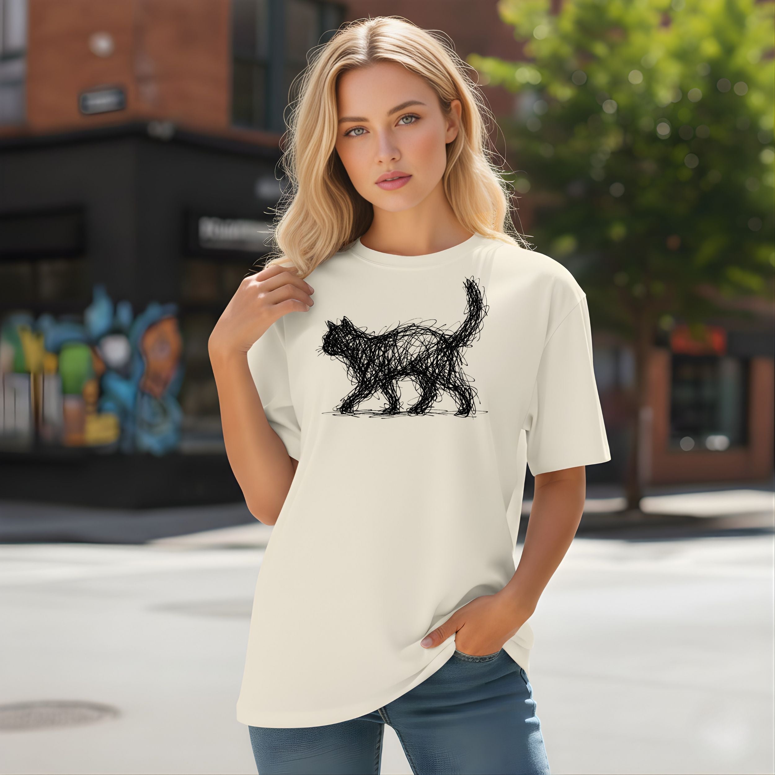 Sketch Style Cat Graphic Tee-shirt for Everyday Wear