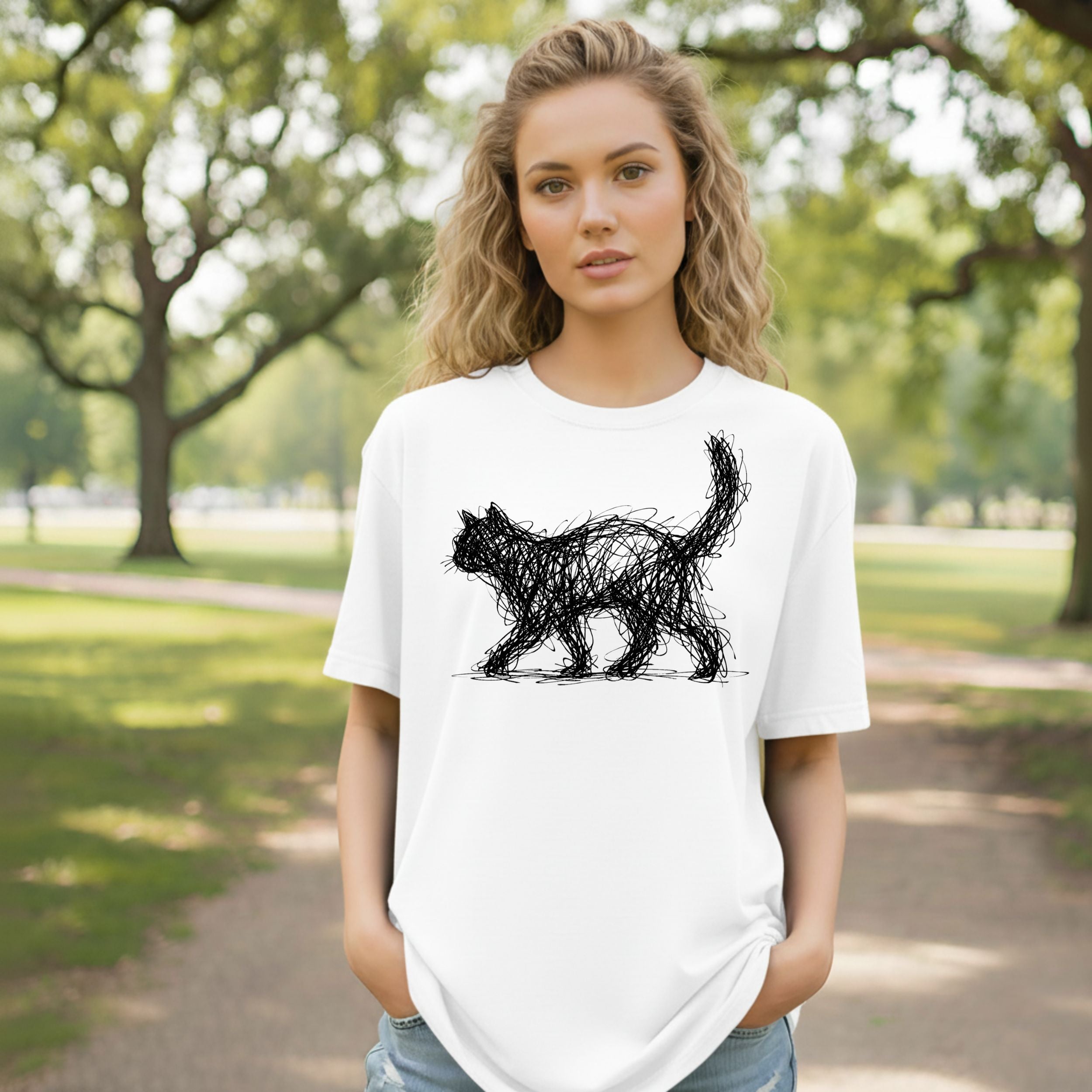 Artistic Cat Sketch Design on White T-Shirt