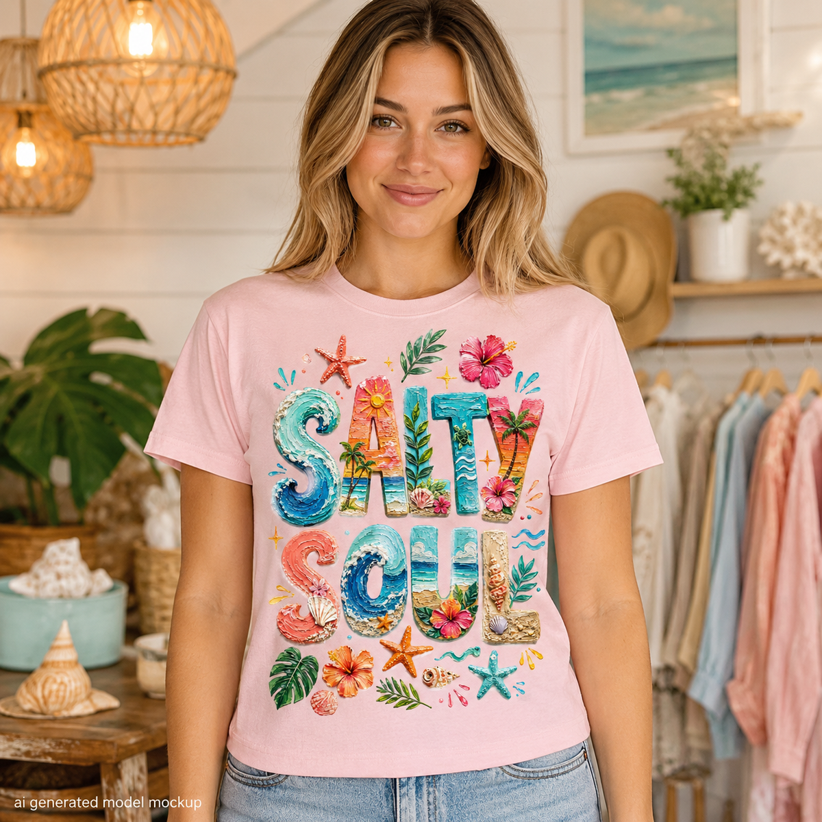 Pink t-shirt with "Salty Soul" text design featuring beach and ocean imagery.