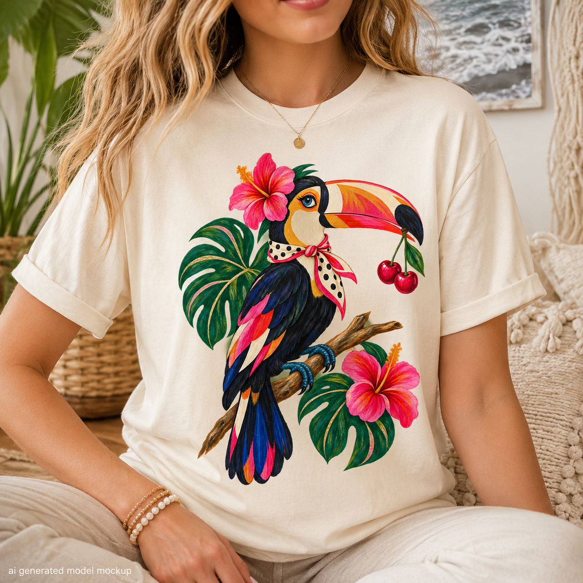 Cream t-shirt with colorful toucan illustration holding cherries and hibiscus flowers.