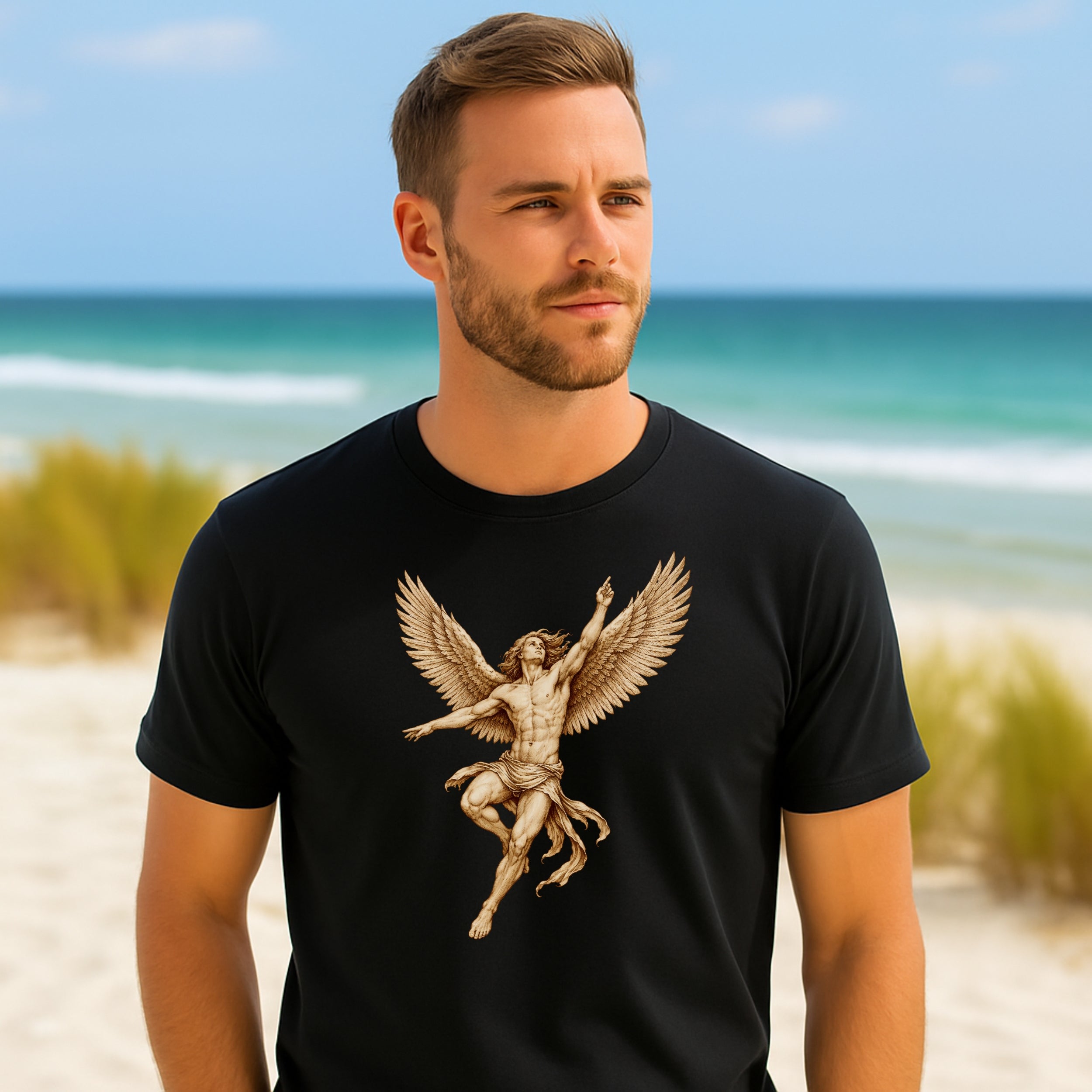Detailed Angelic Winged Figure T-Shirt for Beach Casual Wear