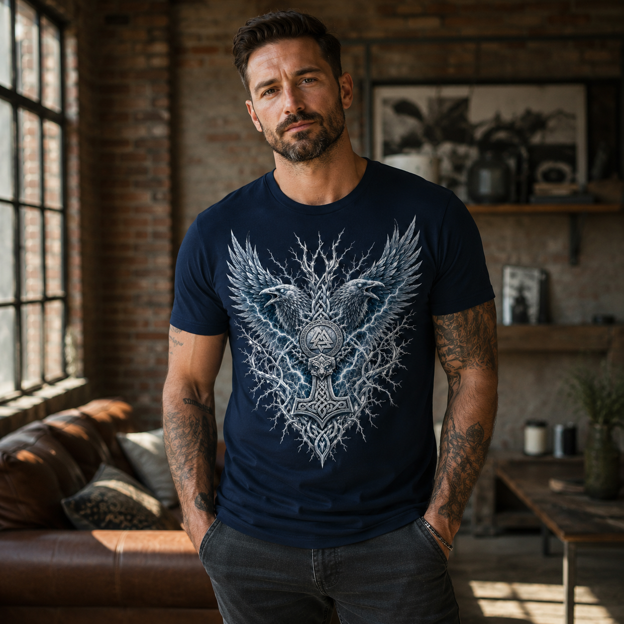Man wearing navy t-shirt with Viking raven and Thor's hammer design.