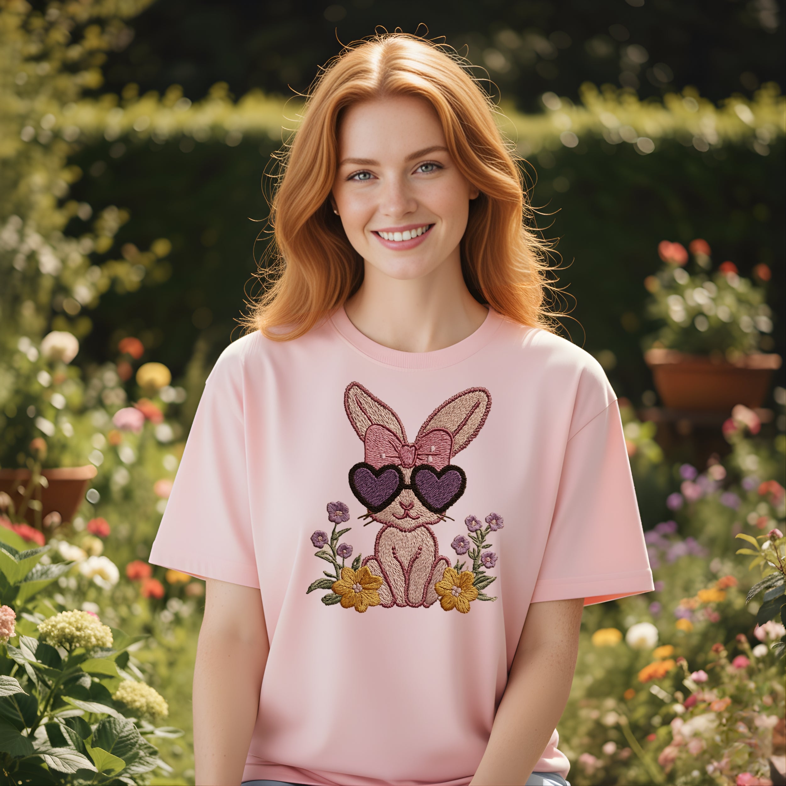 Cute Bunny with Heart Glasses Pink Graphic T-shirt