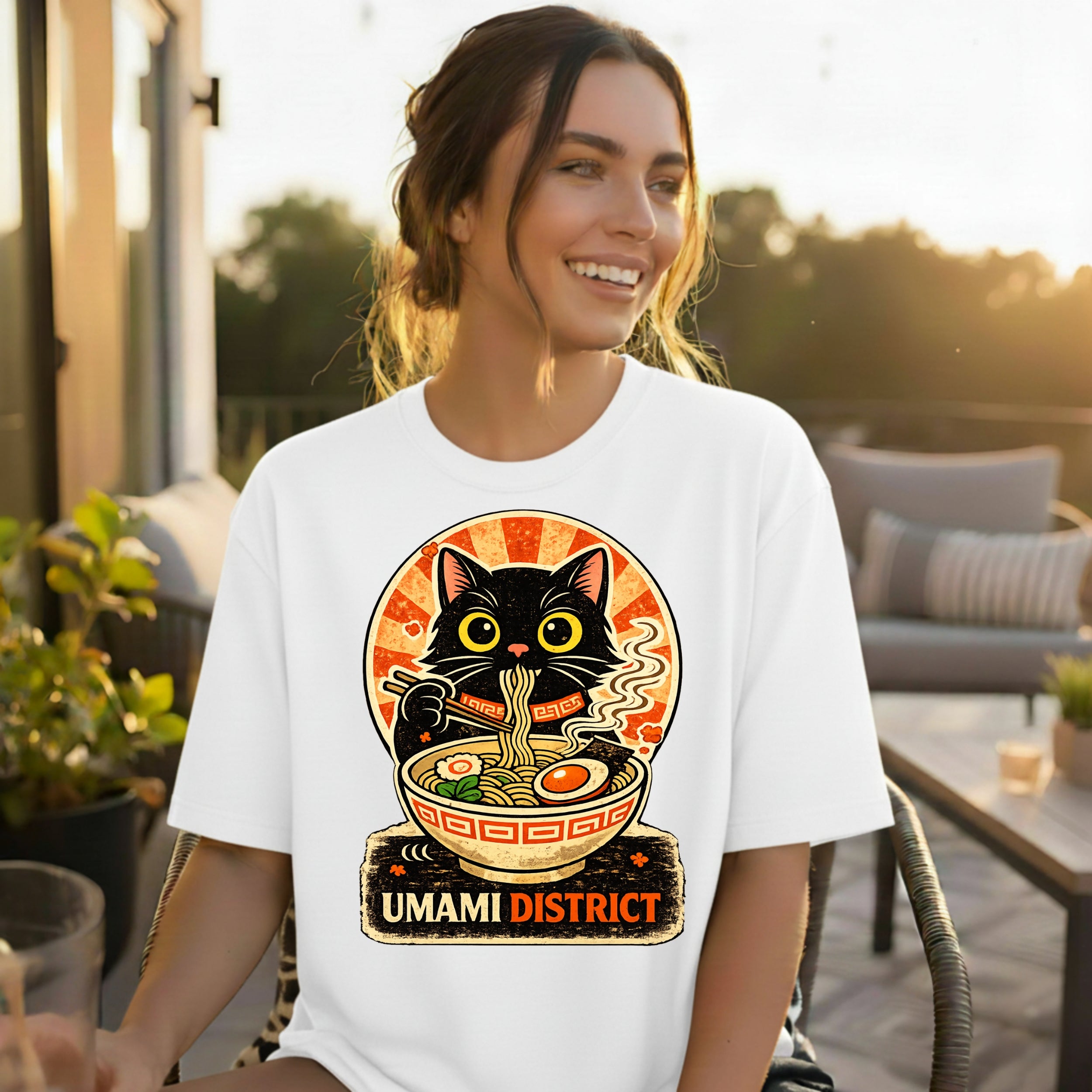 Umami District Cat Eating Ramen Graphic White T-shirt