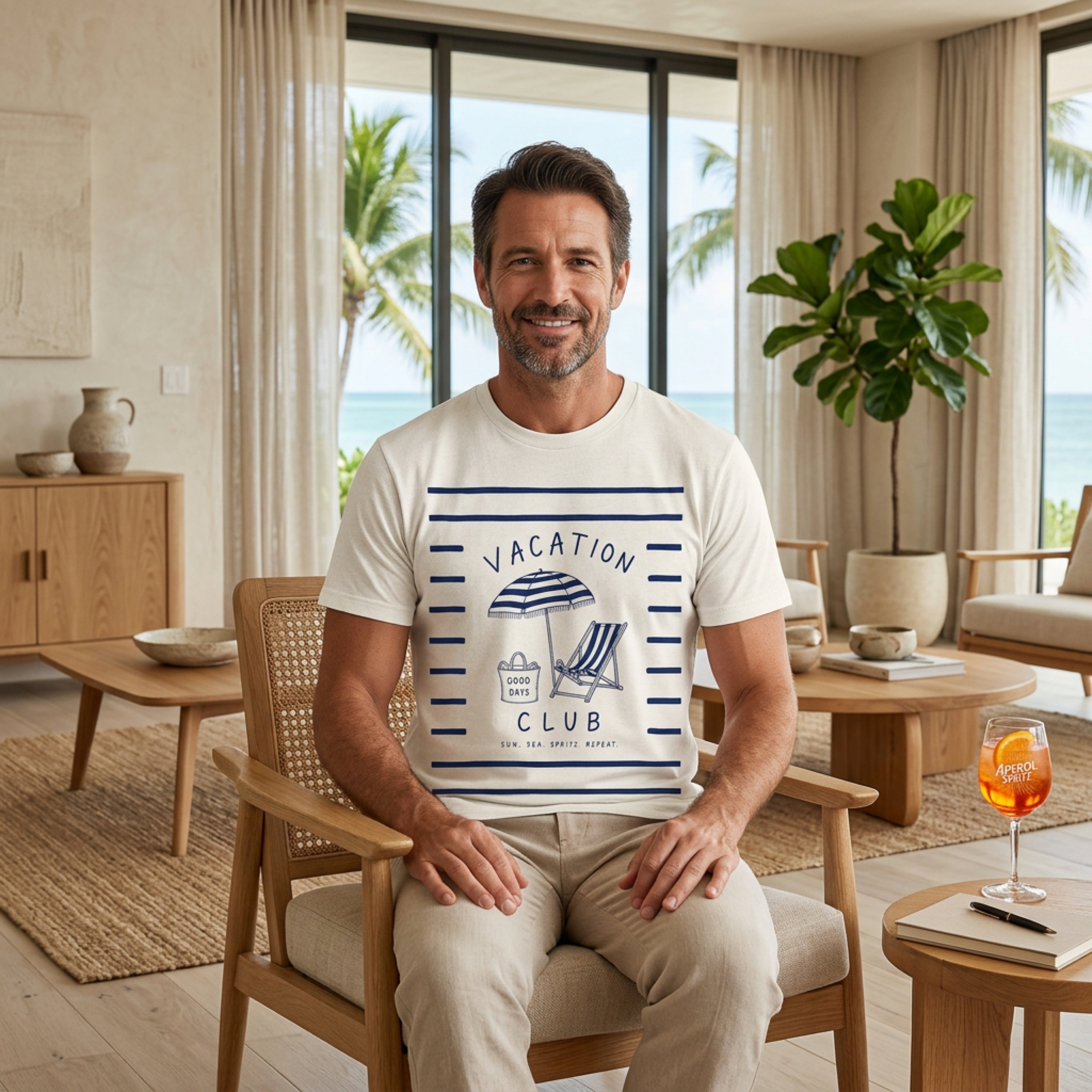 Man in white t-shirt with "Vacation Club" text and beach umbrella graphic.