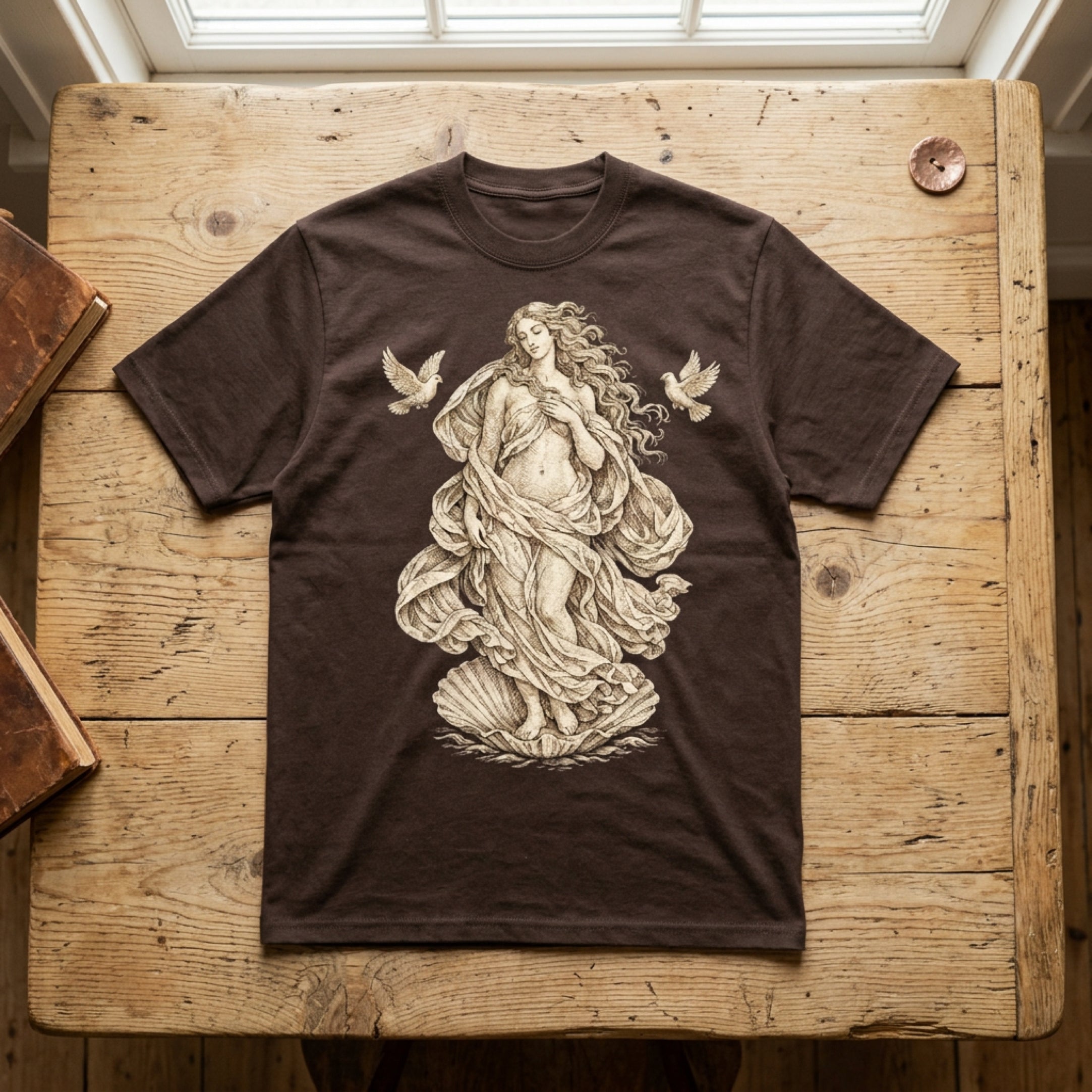 Brown t-shirt featuring a classical painting of Venus on a seashell with doves.