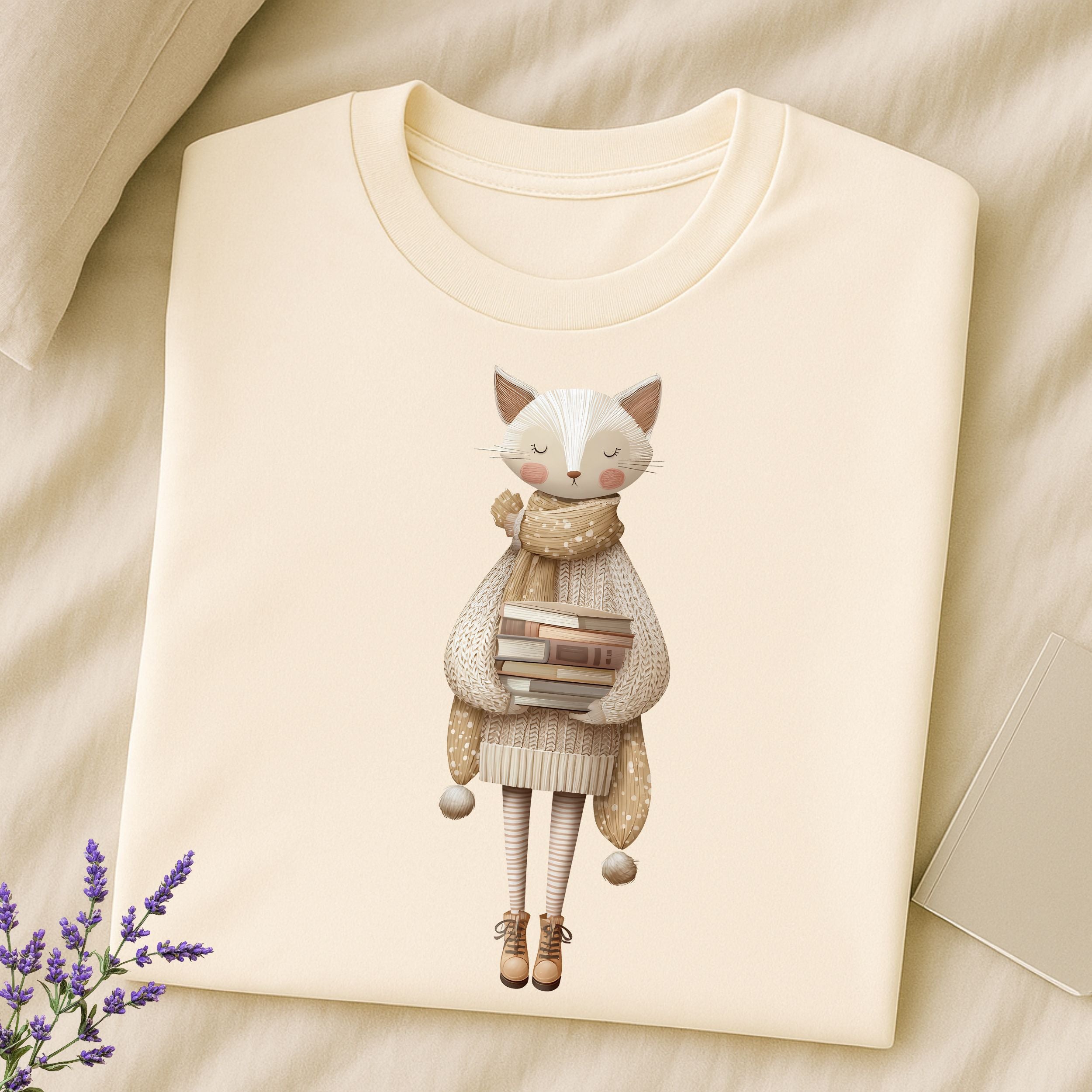 Cute Cat in Cozy Sweater Holding Books Shirt