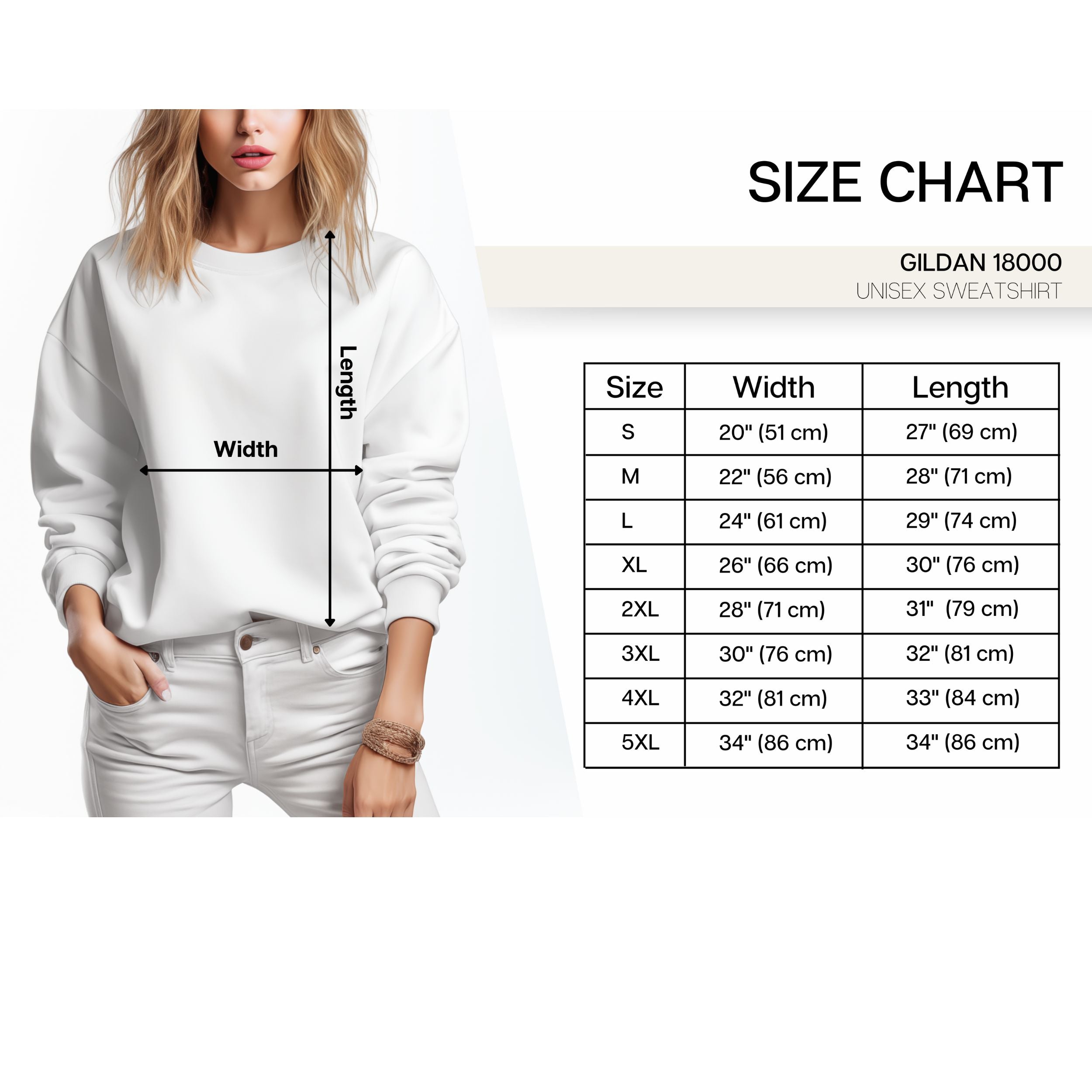 Gildan 18000 unisex sweatshirt size chart with width and length measurements.